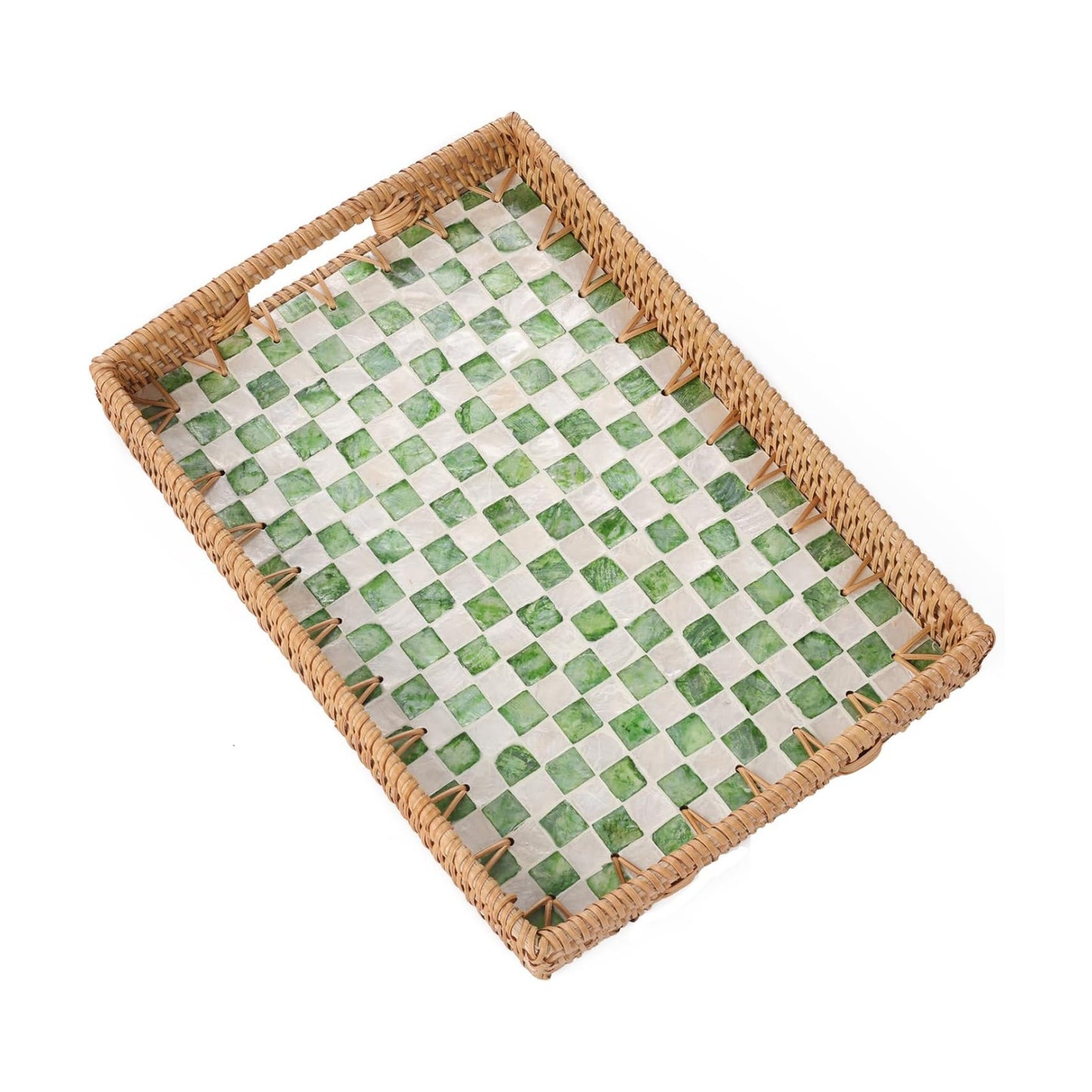 Rattan Serving Tray / Green Checkerboard