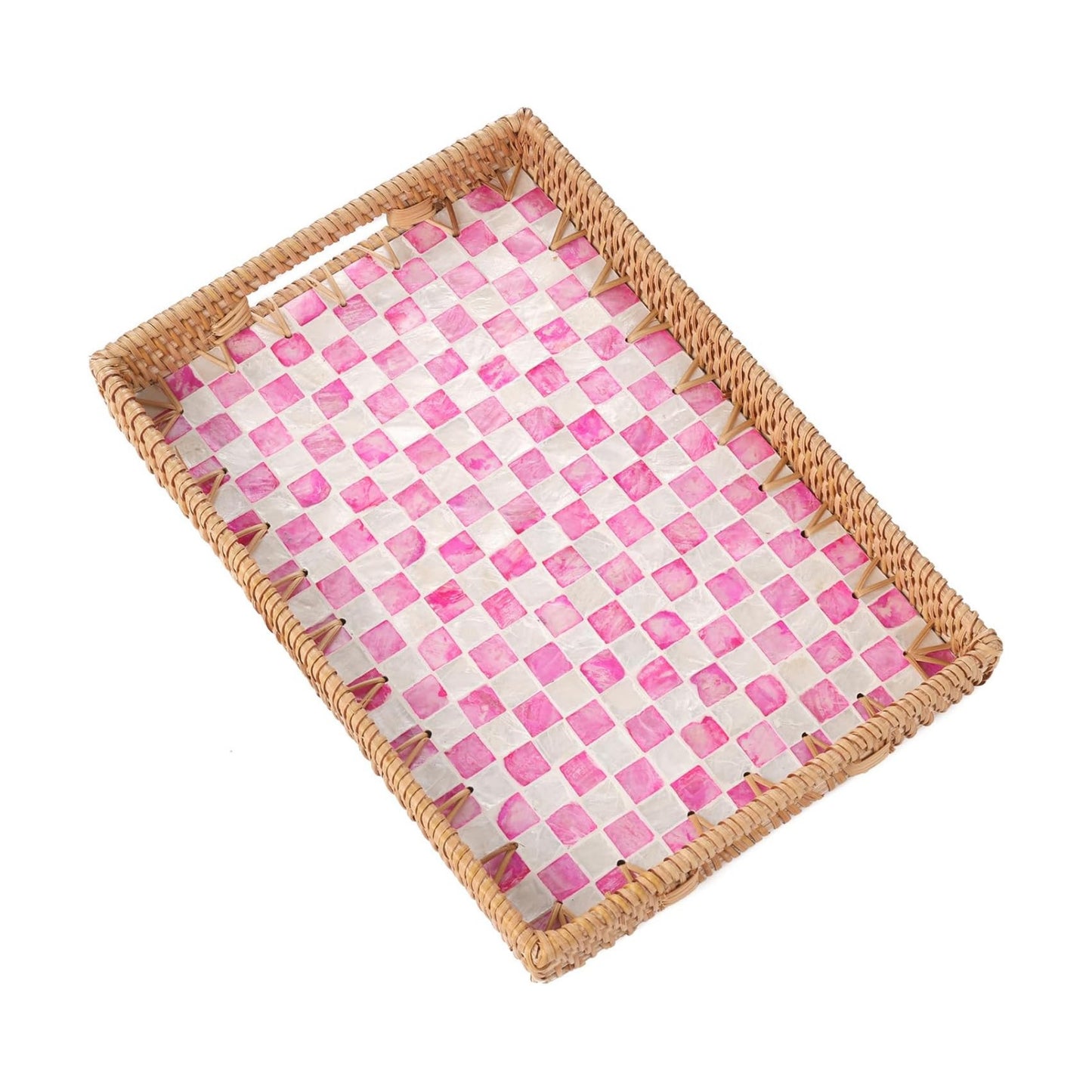 Rattan Serving Tray / Pink Checkerboard