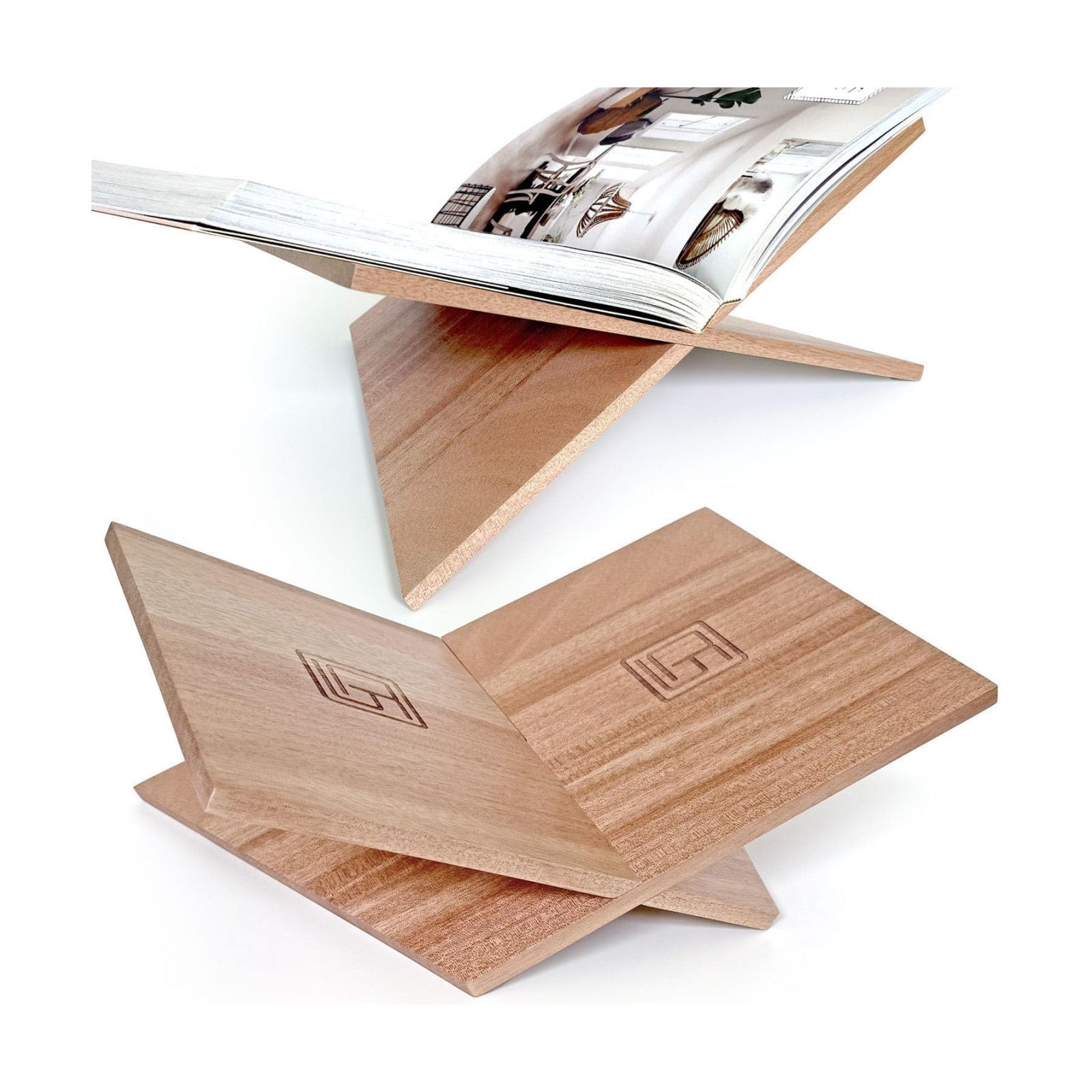 Large Wood Book Stand, 12.5" x 9.5" x 5.5”, Angled Natural Mahogany Wooden Book Holder, Open Bookstand for Display and