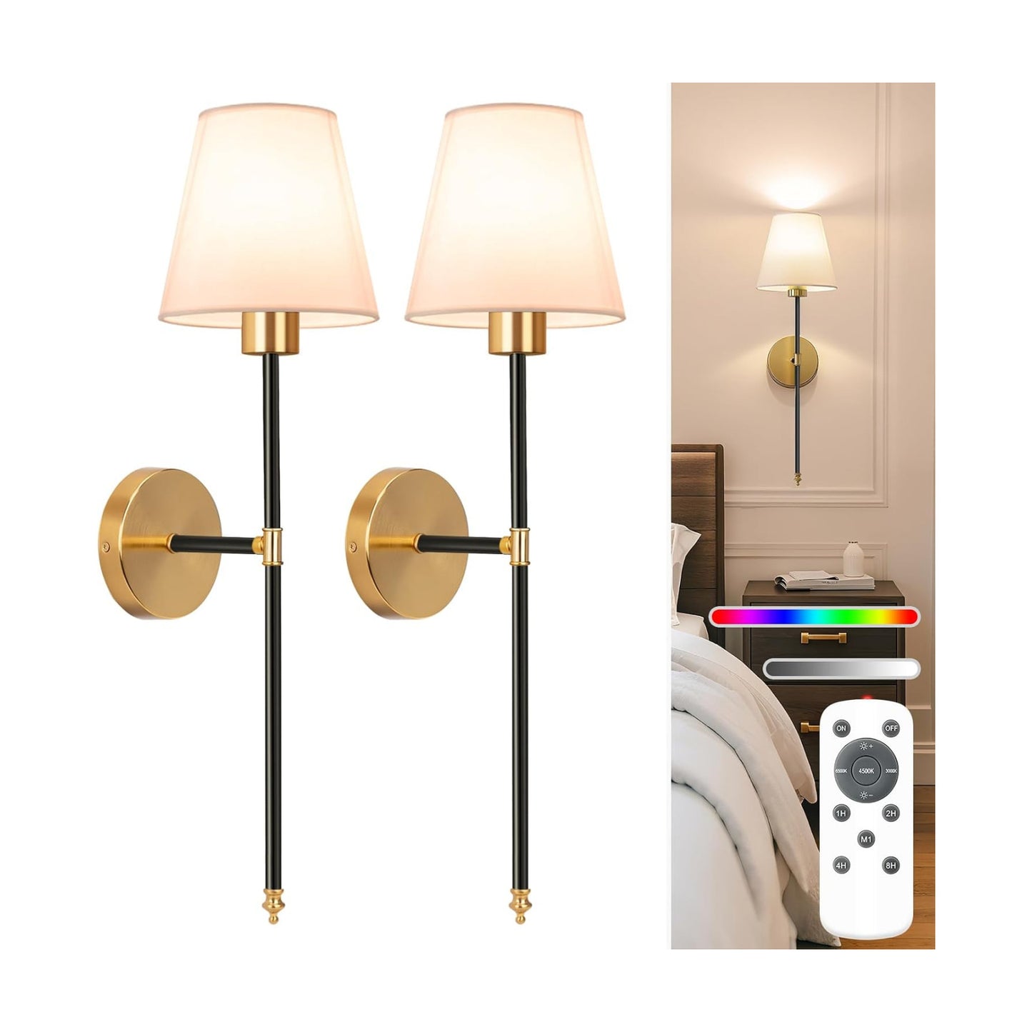 Battery Operated Wall Sconce Set of 2,Black-Gold Rechargeable Wall Lights with 10400mAh Dimmable Bulbs and Remote,10