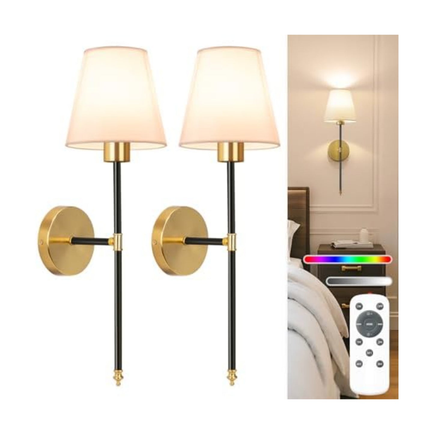 NIORSUN 19.9 inch Battery Operated Wall Sconce Set of 2,Black-Gold Rechargeable Wall Lights with 10400mAh Dimmable