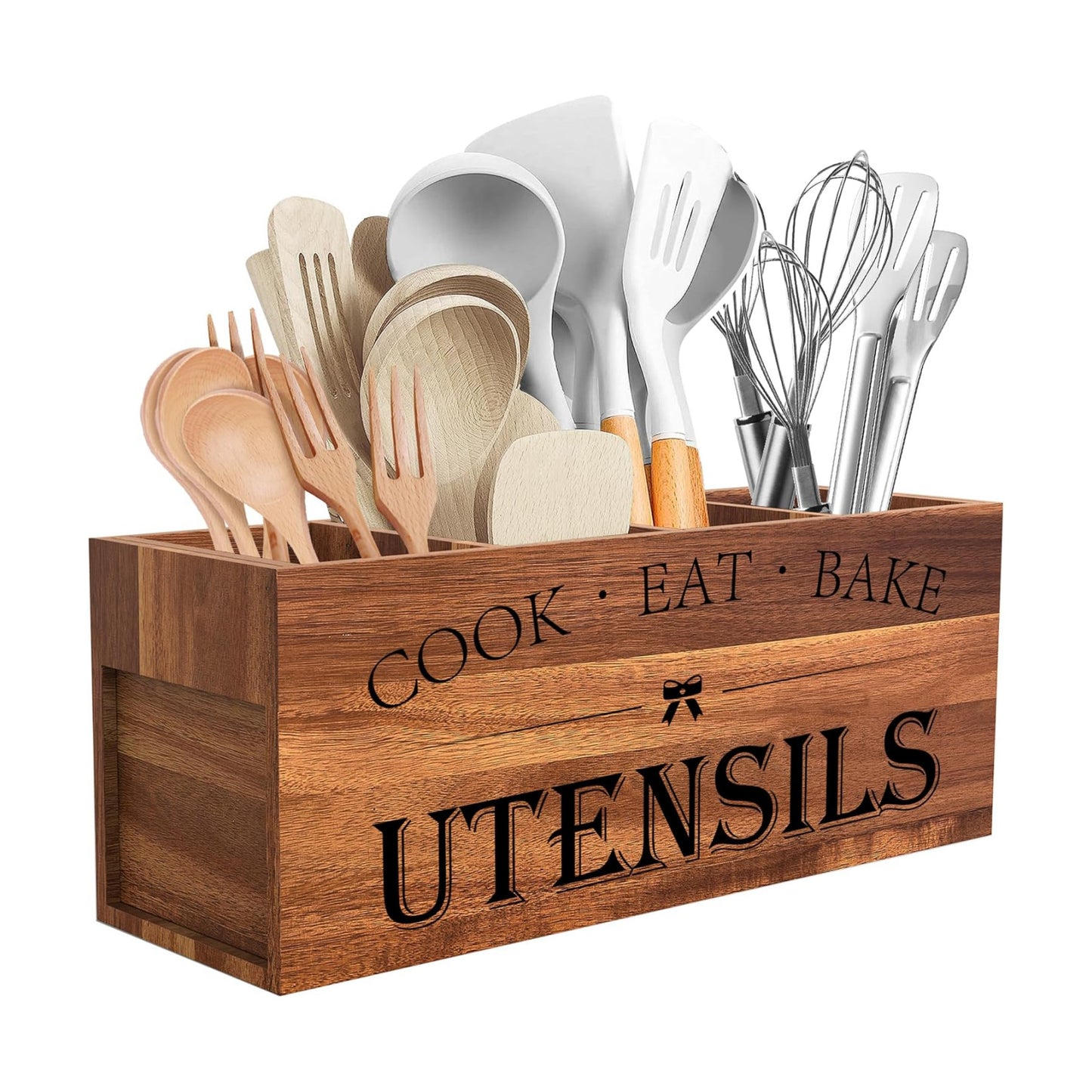 Suli Extra Large Utensil Holder Countertop for Kitchen Counter,Acacia Wood | Hold 40 Utensils,4 Removable Divider,Rutic