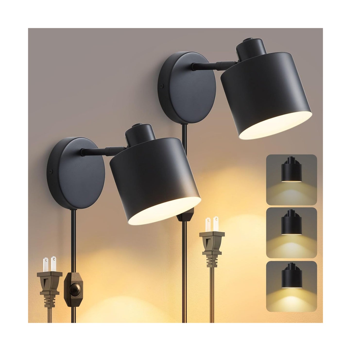 Lightess Black Plug in Wall Sconces Set of 2 Dimmable Corded with Switch | 350° Rotatable Lamp Head, Dimmable Corded