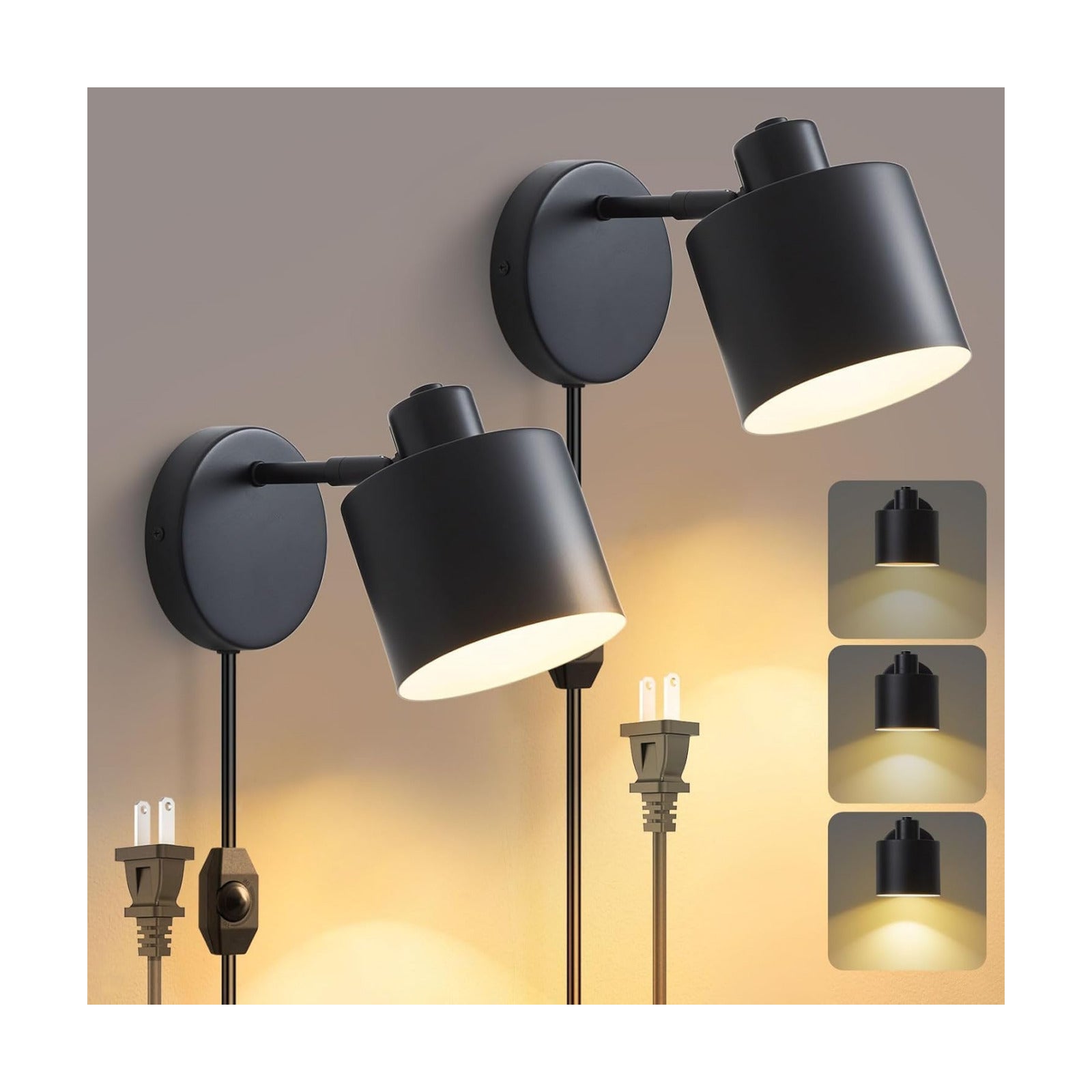 Lightess Black Plug in Wall Sconces Set of 2 Dimmable Corded with Switch | 350° Rotatable Lamp Head, Dimmable Corded