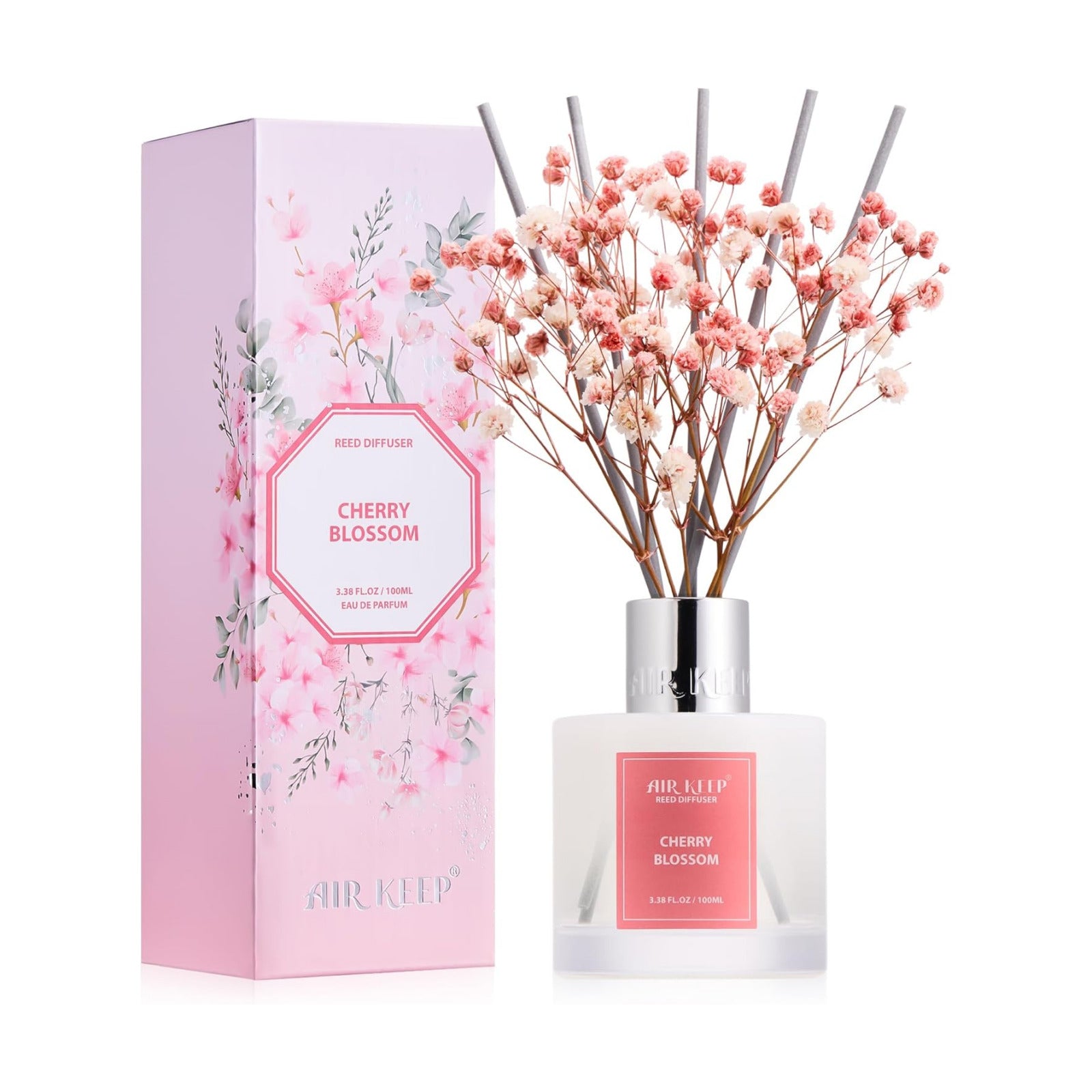 Airkeep Reed Diffuser Set, 3.38 fl oz (100 ml) - Cherry Blossom Oil Diffusers with 8 Reed Sticks, Home Fragrance Reed