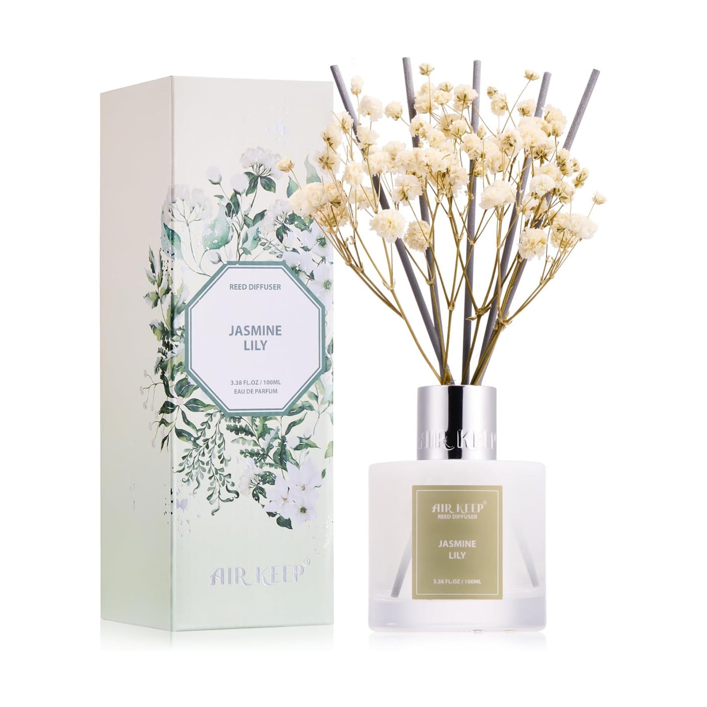 Airkeep Reed Diffuser Set, 3.38 fl oz (100 ml) - Jasmine Lily Lemon Oil Diffusers with 8 Reed Sticks, Home Fragrance