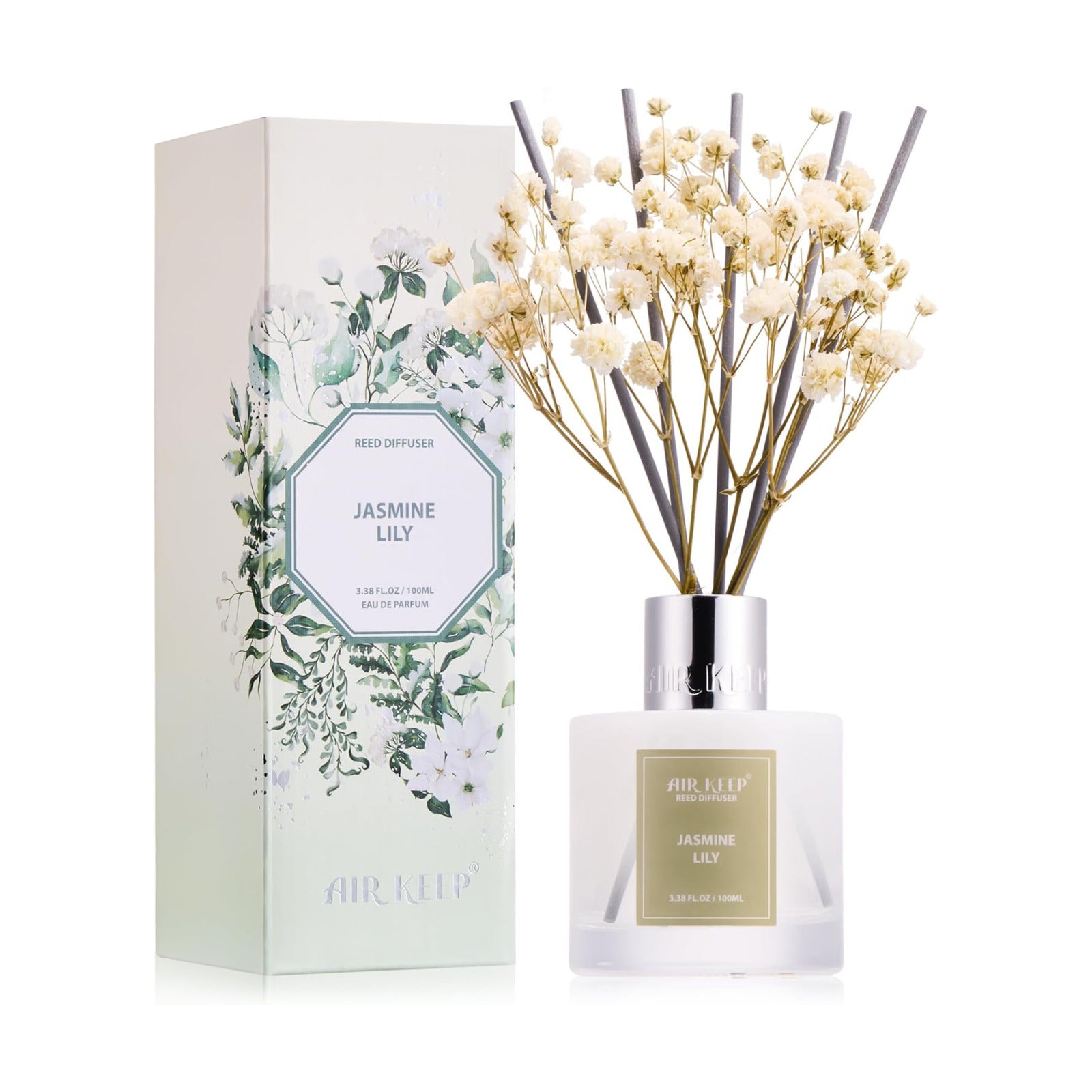 Airkeep Reed Diffuser Set, 3.38 fl oz (100 ml) - Jasmine Lily Lemon Oil Diffusers with 8 Reed Sticks, Home Fragrance