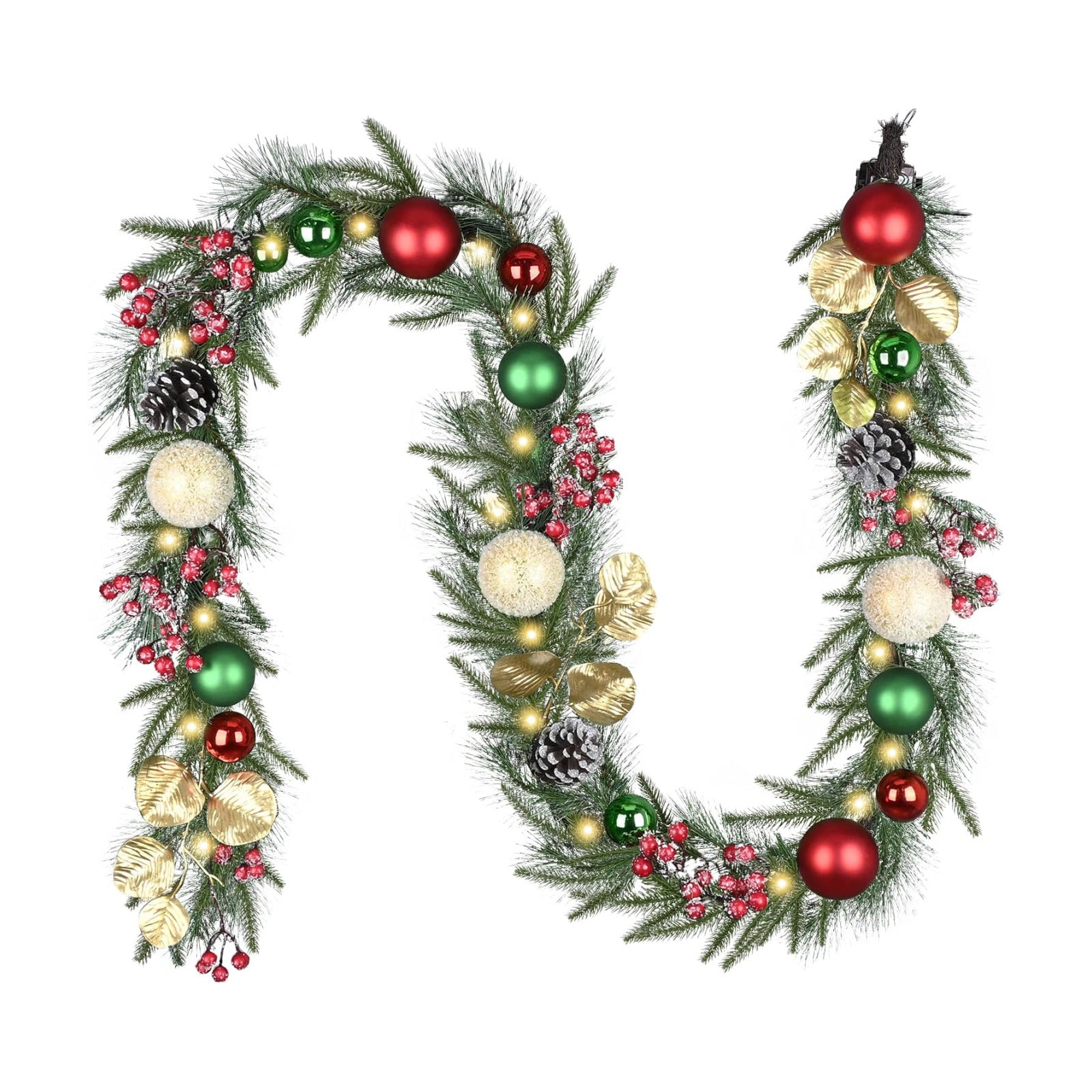 Valery Madelyn 9 Ft Pre-Lit Christmas Garland with Light for Mantle, Lighted Outdoor Xmas Garland with Red Green Gold