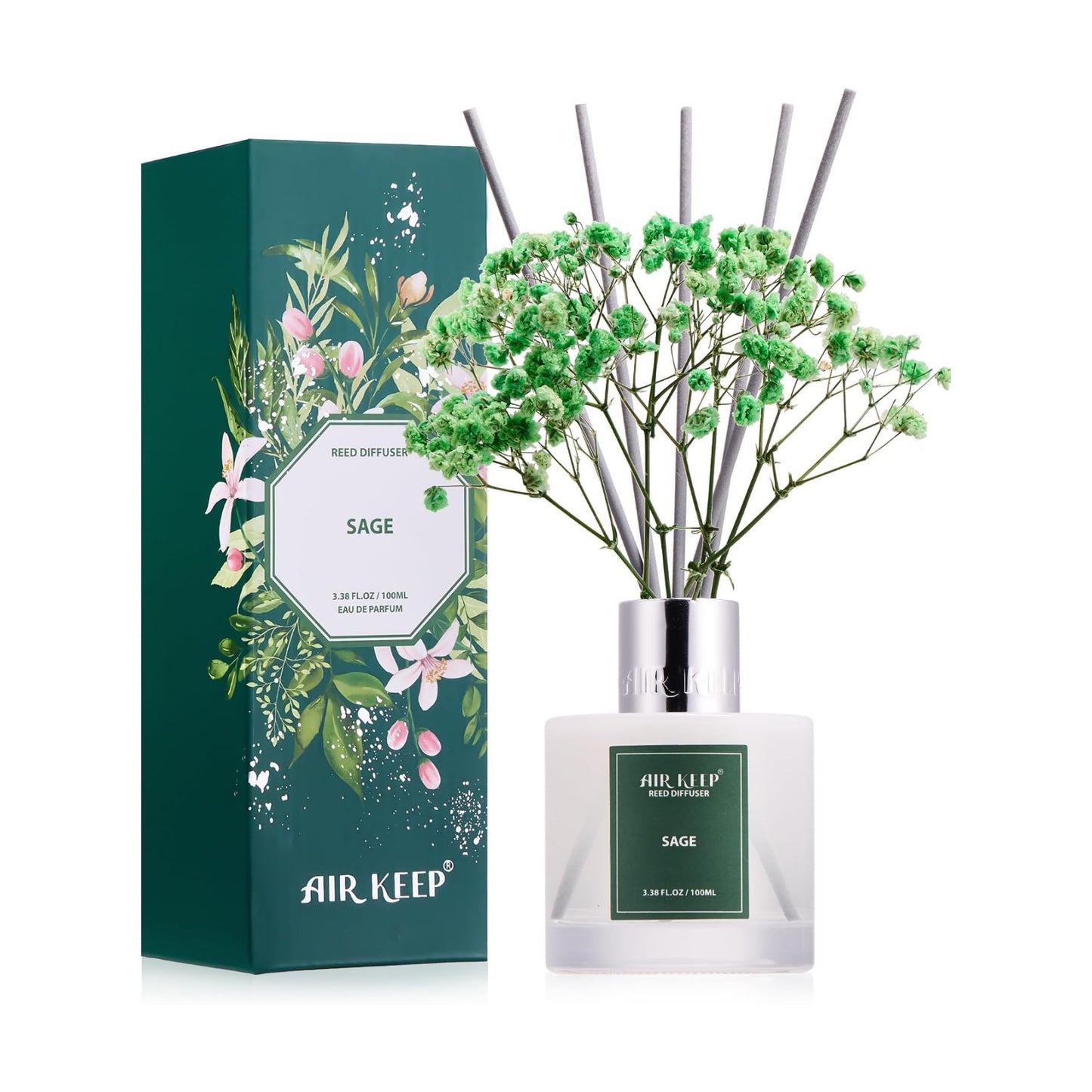 Airkeep Reed Diffuser Set, 3.38 fl oz (100 ml) - Sage Lemon Oil Diffusers with 8 Reed Sticks, Home Fragrance Reed