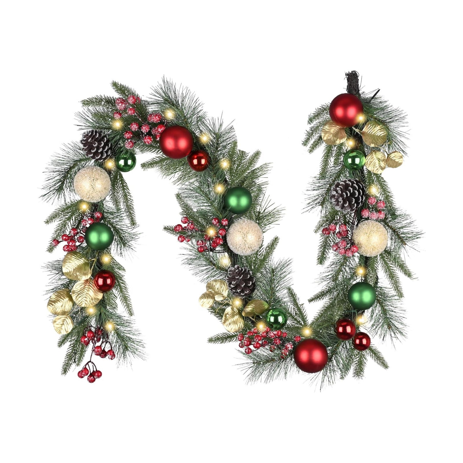 Valery Madelyn 6 Ft Pre-Lit Christmas Garland with Light for Mantle, Lighted Outdoor Xmas Garland with Red Green Gold