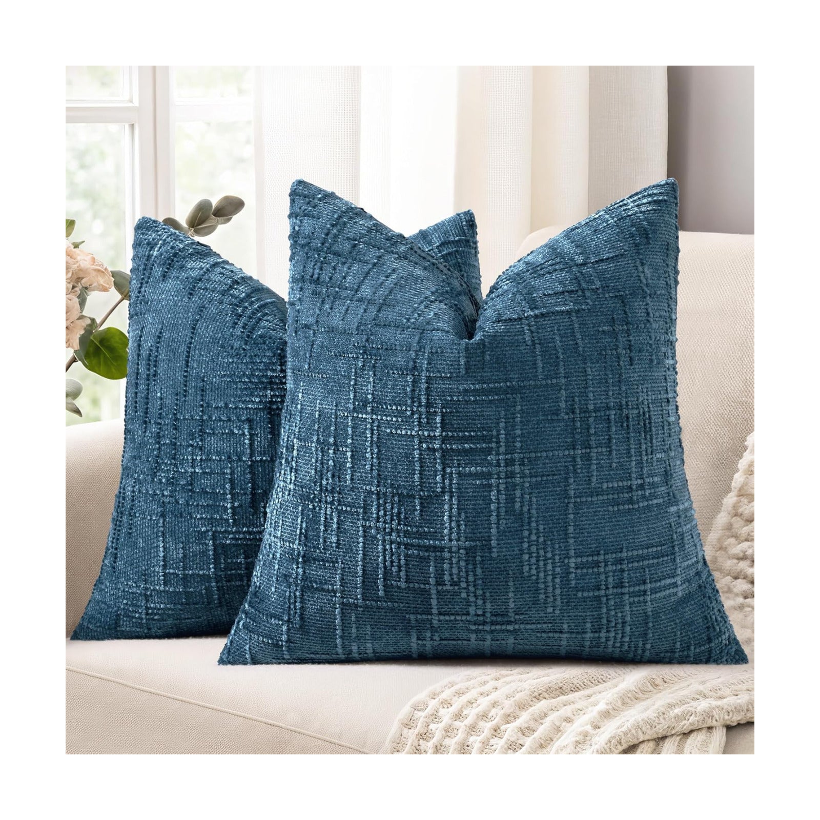 Fall Chenille Throw Pillow Covers Textured Soft Slubby Couch Pillow / Navy Blue / 18 x 18 / Set of 2