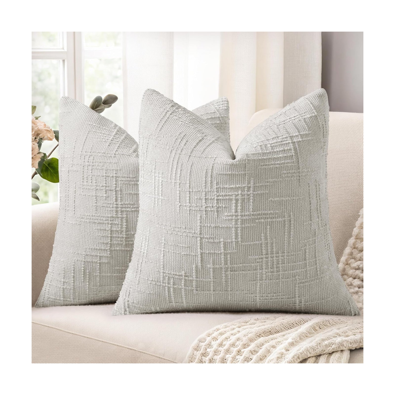Fall Chenille Throw Pillow Covers Textured Soft Slubby Couch / Light Grey / 18 x 18 / Set of 2