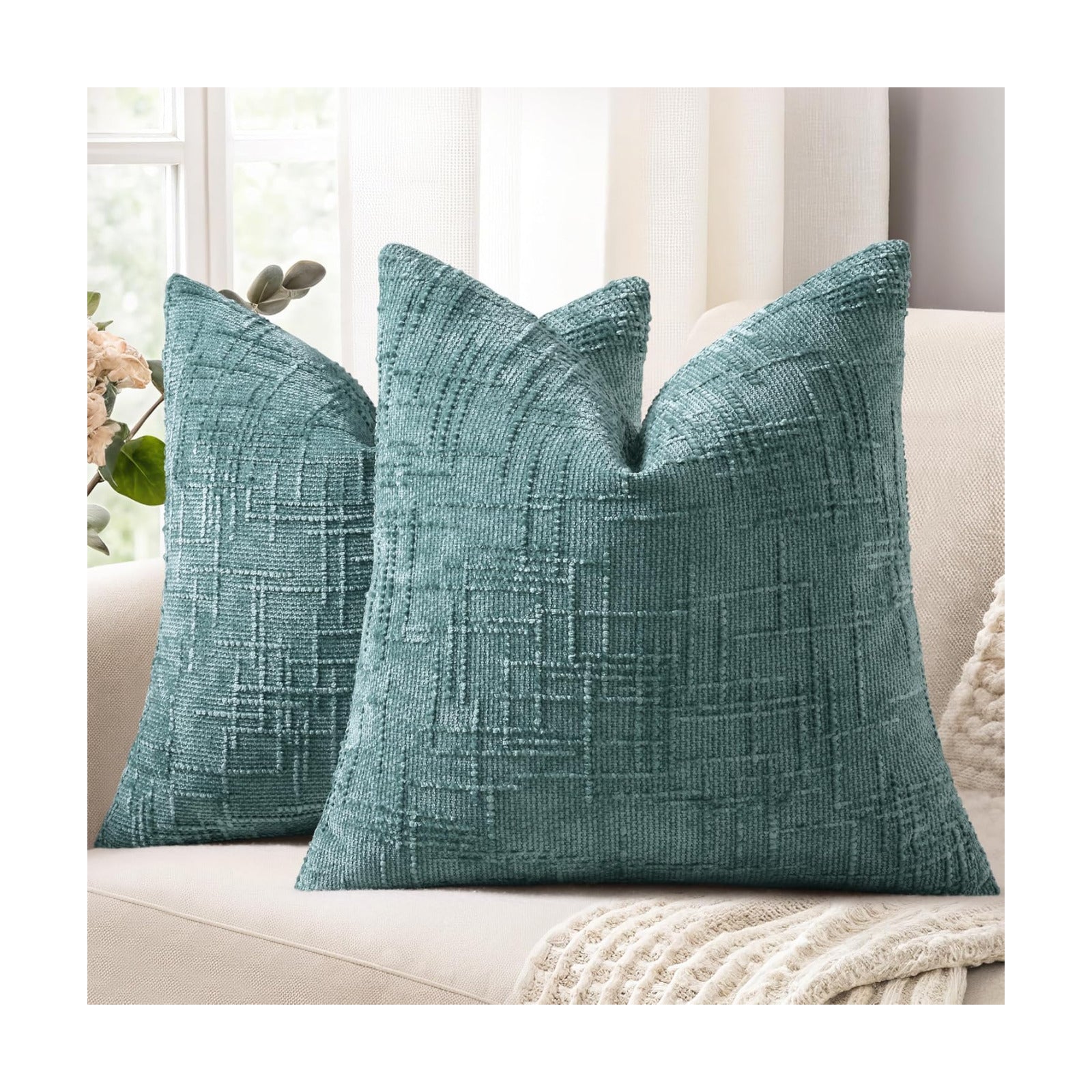Fall Chenille Throw Pillow Covers Textured Soft Slubby Couch Pillow / Teal / 18 x 18 / Set of 2