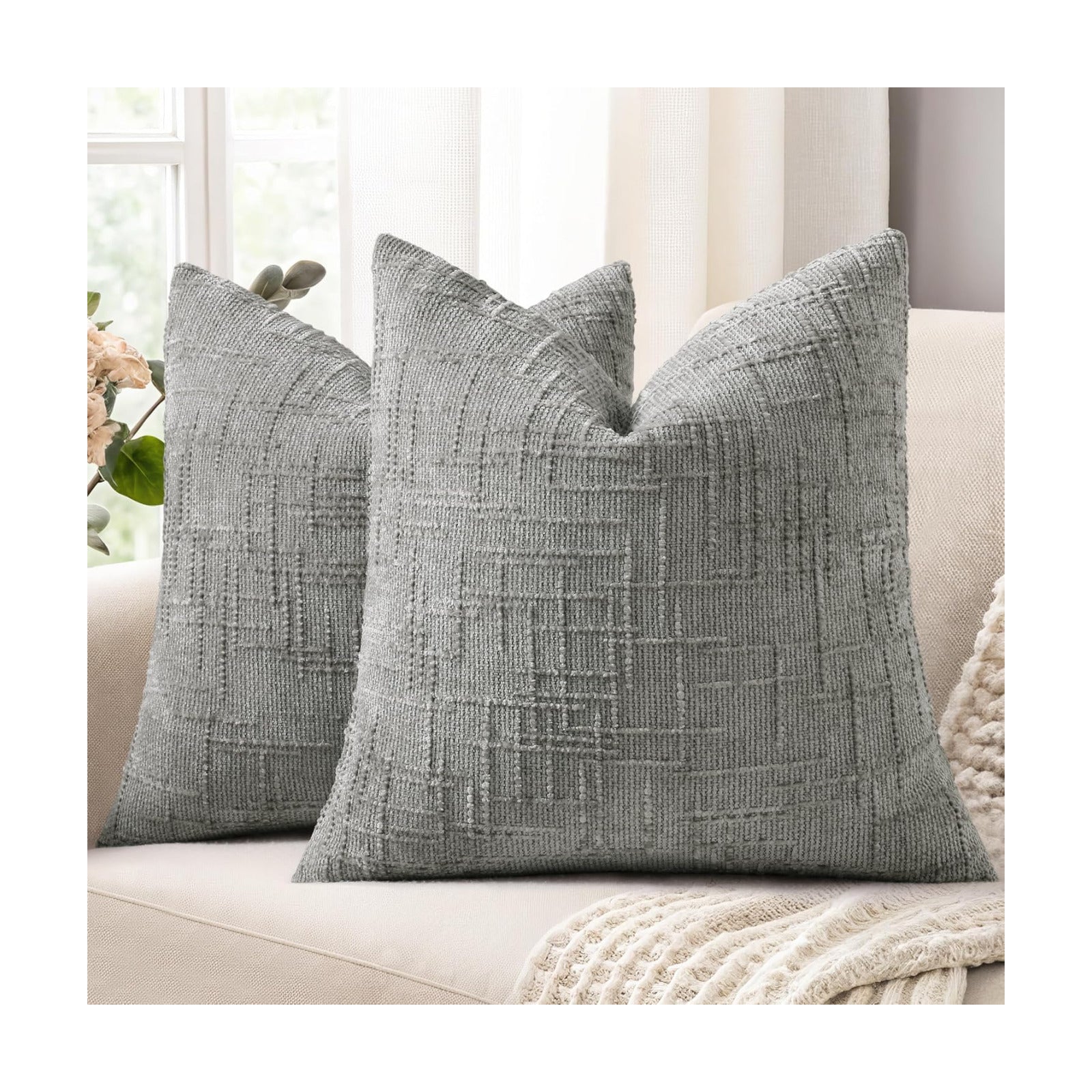 Fall Chenille Throw Pillow Covers Textured Soft Slubby Couch / Neutral Grey / 18 x 18 / Set of 2