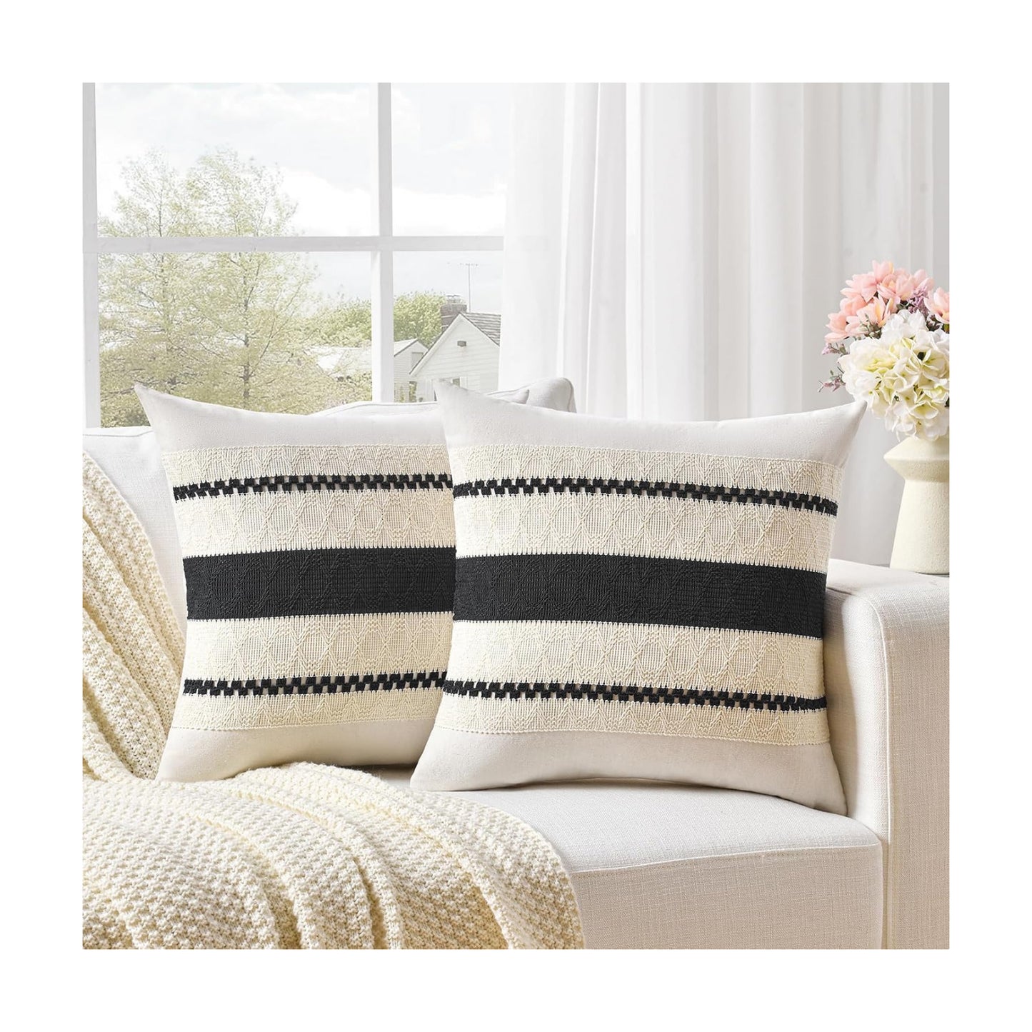 Boho Decorative Throw Pillow Cover / 18 x 18 / Black / Set of 2