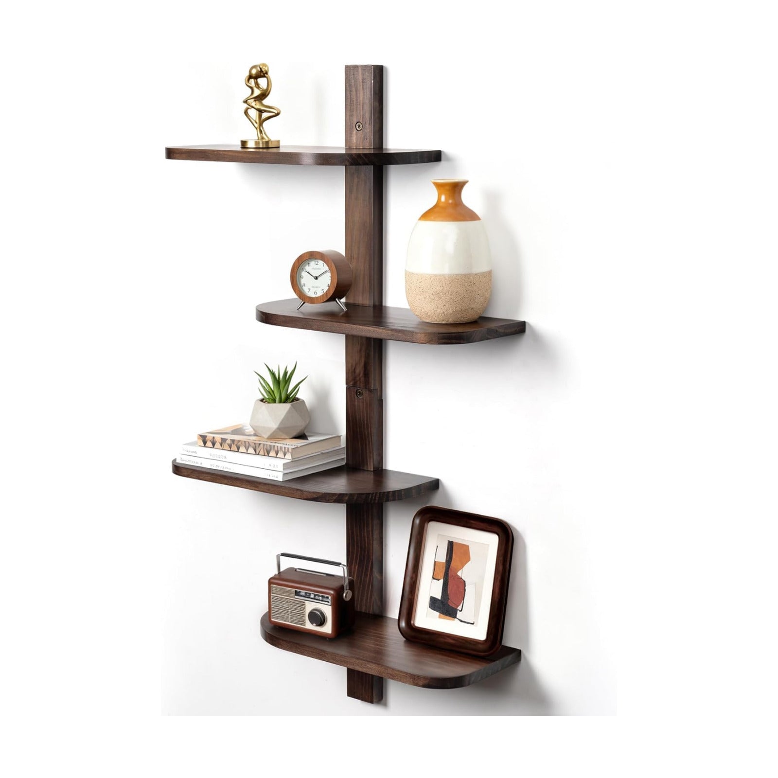 Mid Century Modern Decor Floating Shelves Display Shelf Wall Unit Solid Wood Decorative / Walnut