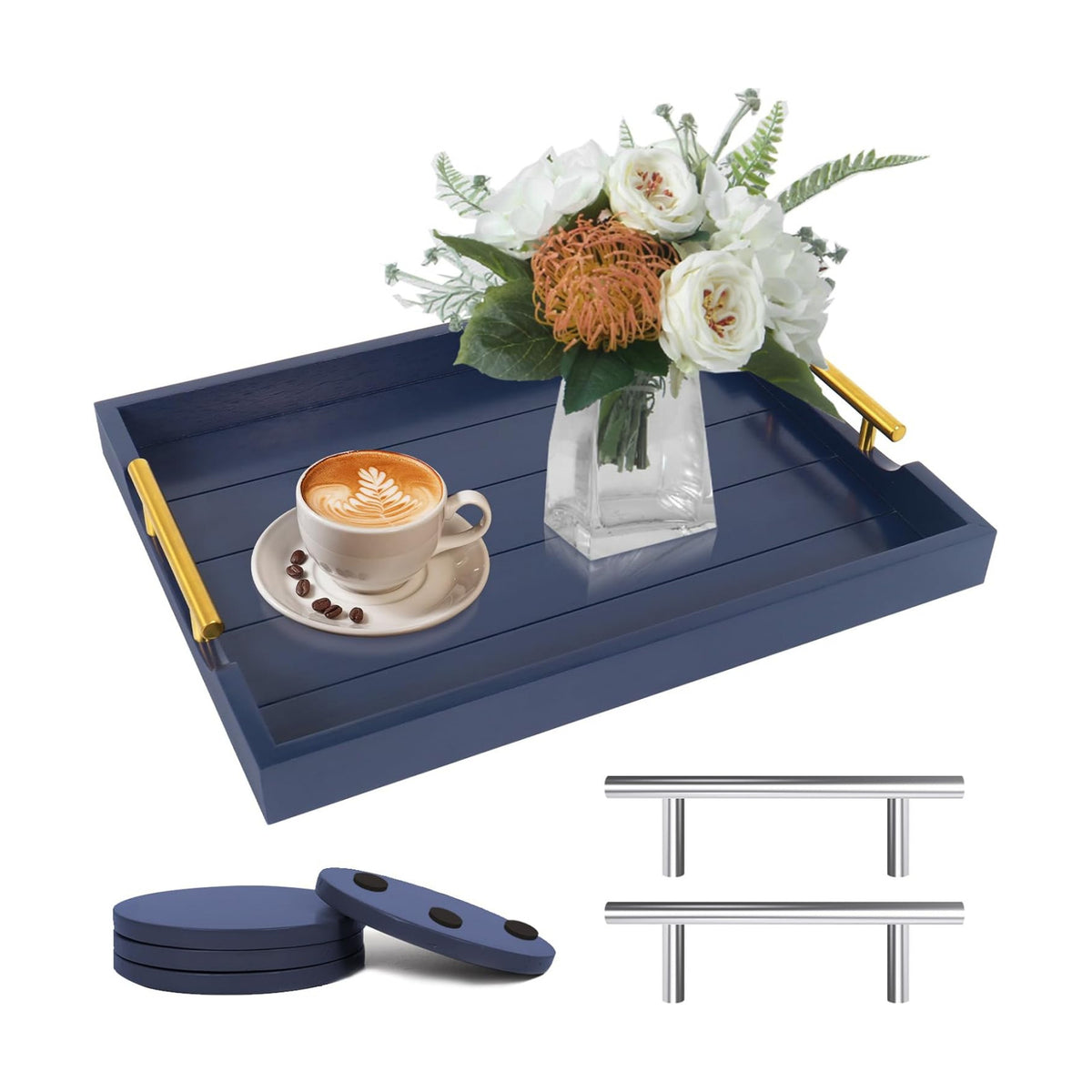 SXNOWS Wooden Serving Tray with 2 Sets of Handles,Navy Blue
