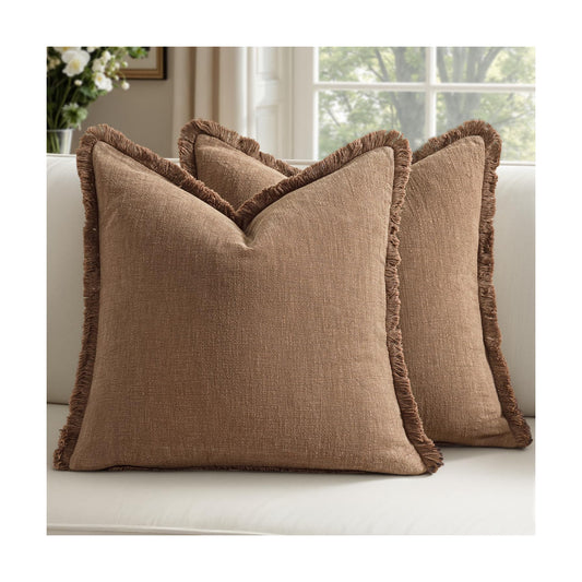 Decorative Linen Fringe Throw Pillow Covers Boho Farmhouse Soft Cushion / 20 x 20 / Brown / Set of 2