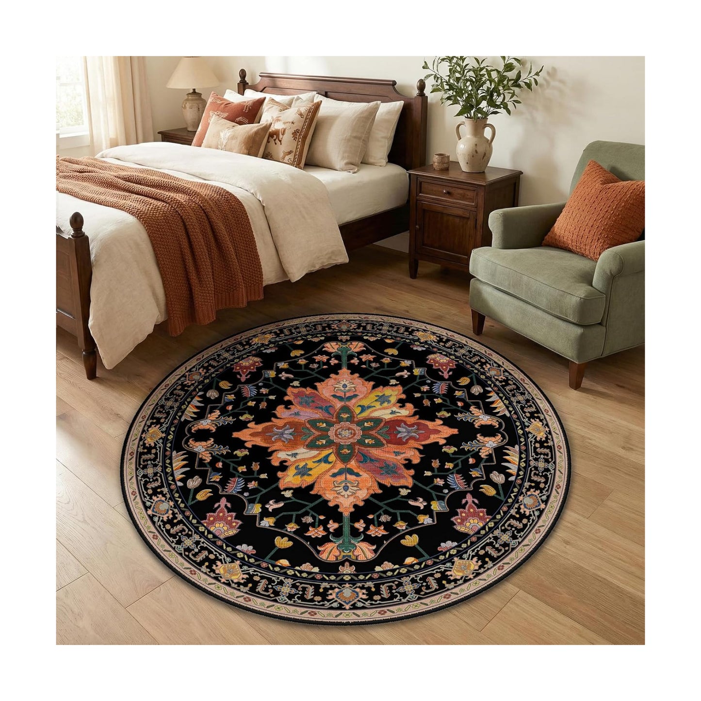 RELEANY Washable Area Rug, Round 4ft, Black/Colorful