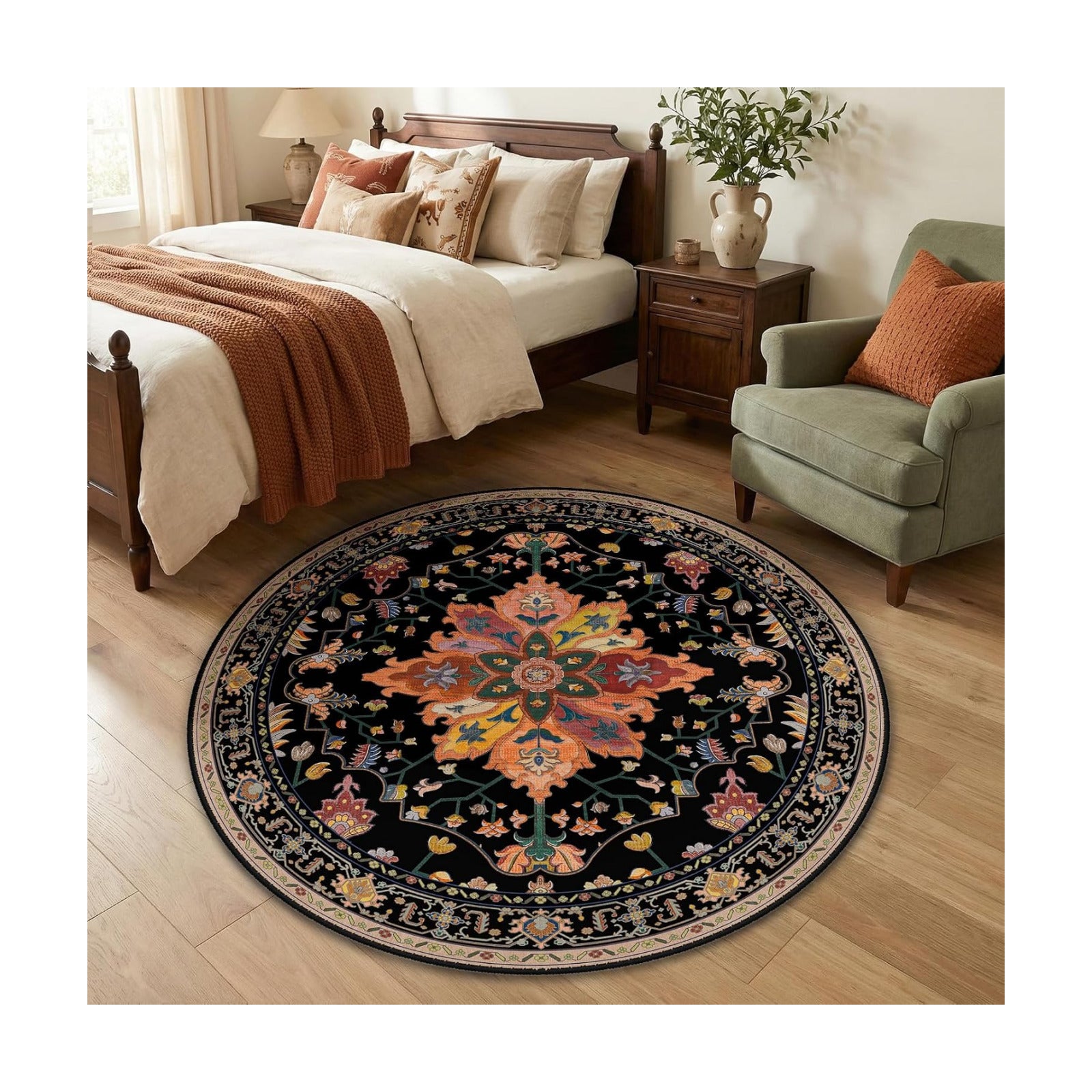 RELEANY Washable Area Rug, Round 4ft, Black/Colorful