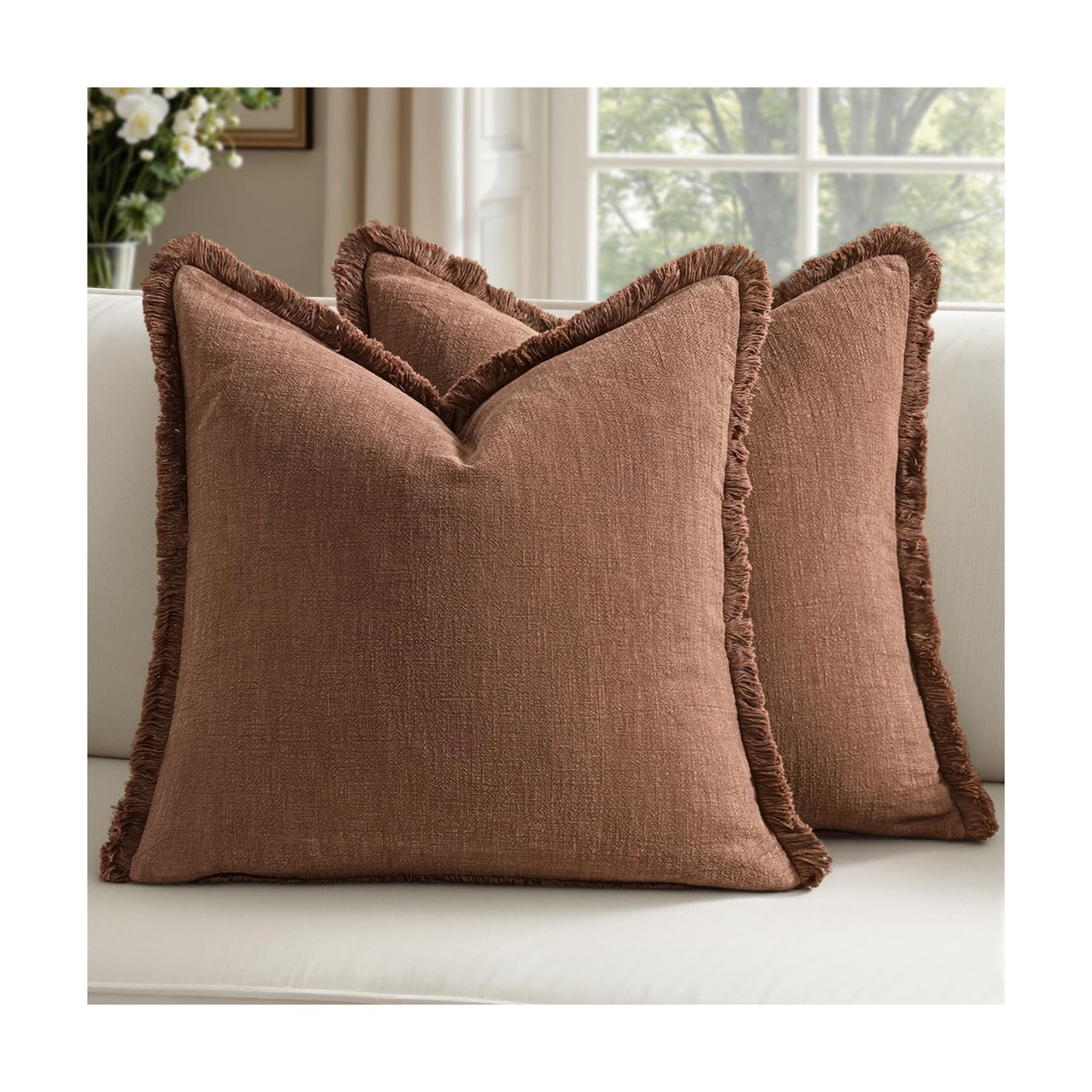 Decorative Linen Fringe Throw Pillow Covers Boho Farmhouse Soft Cushion / 20 x 20 / Brick / Set of 2