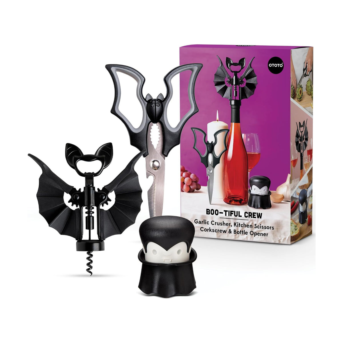 OTOTO Boo-tiful Crew Bundle of Elizabat, Vino, Gracula - Halloween Kitchen Decor Goth Accessories, Cool Kitchen Gadgets, Bat Scissors, Spooky, Witchy Bottle Opener, Garlic Crusher, Spooky Funny Gifts
