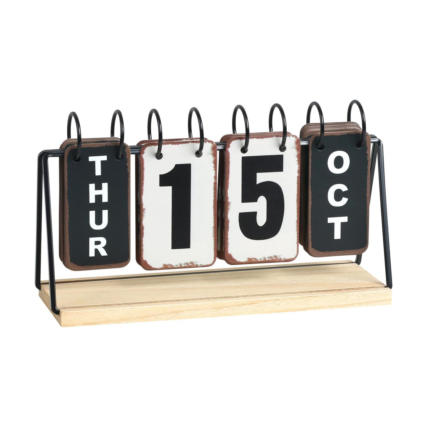 Metal Flip Calendar with Wooden Base, Daily Perpetual Desk Calendar with Large Display, Modern Farmhouse Desktop