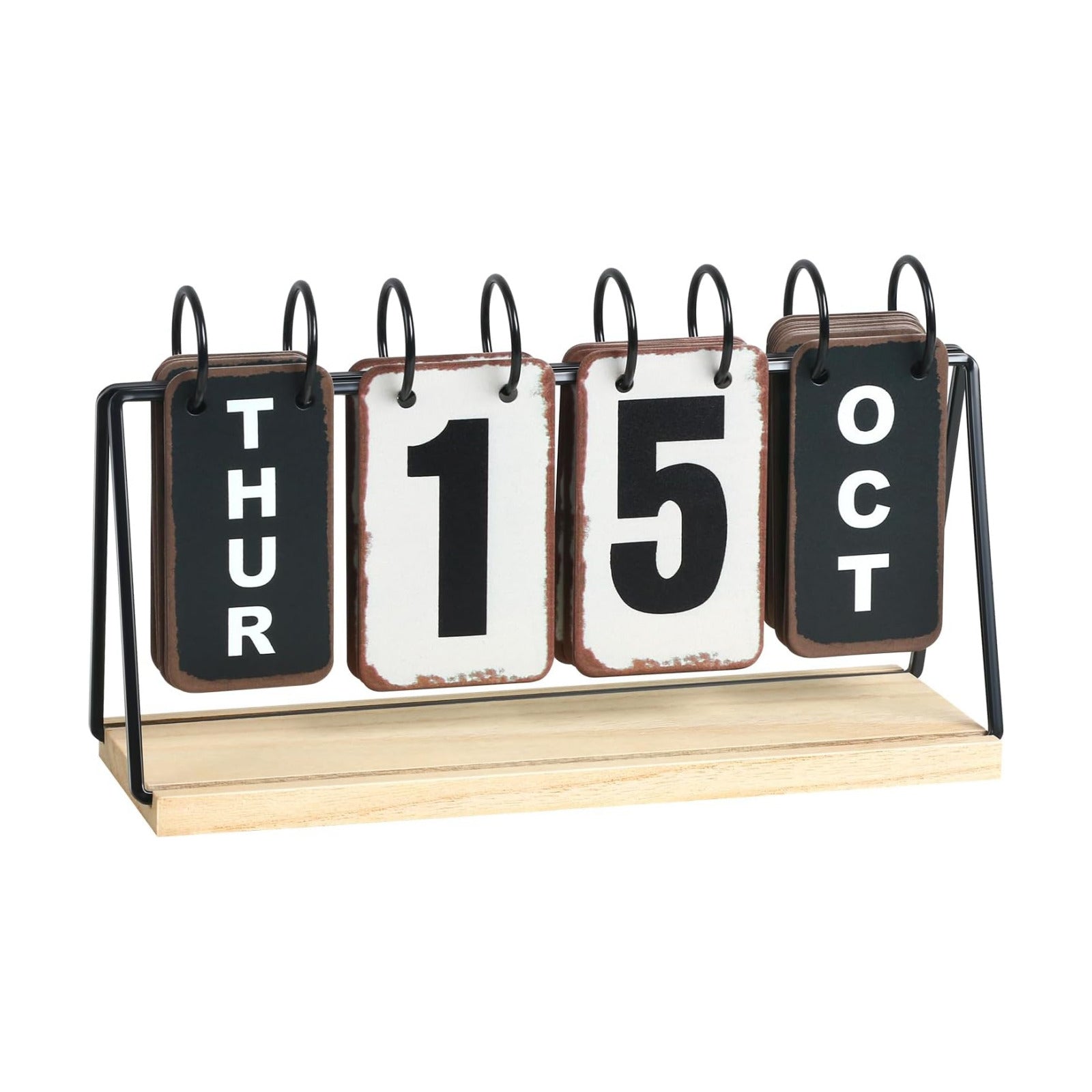 Metal Flip Calendar with Wooden Base, Daily Perpetual Desk Calendar with Large Display, Modern Farmhouse Desktop