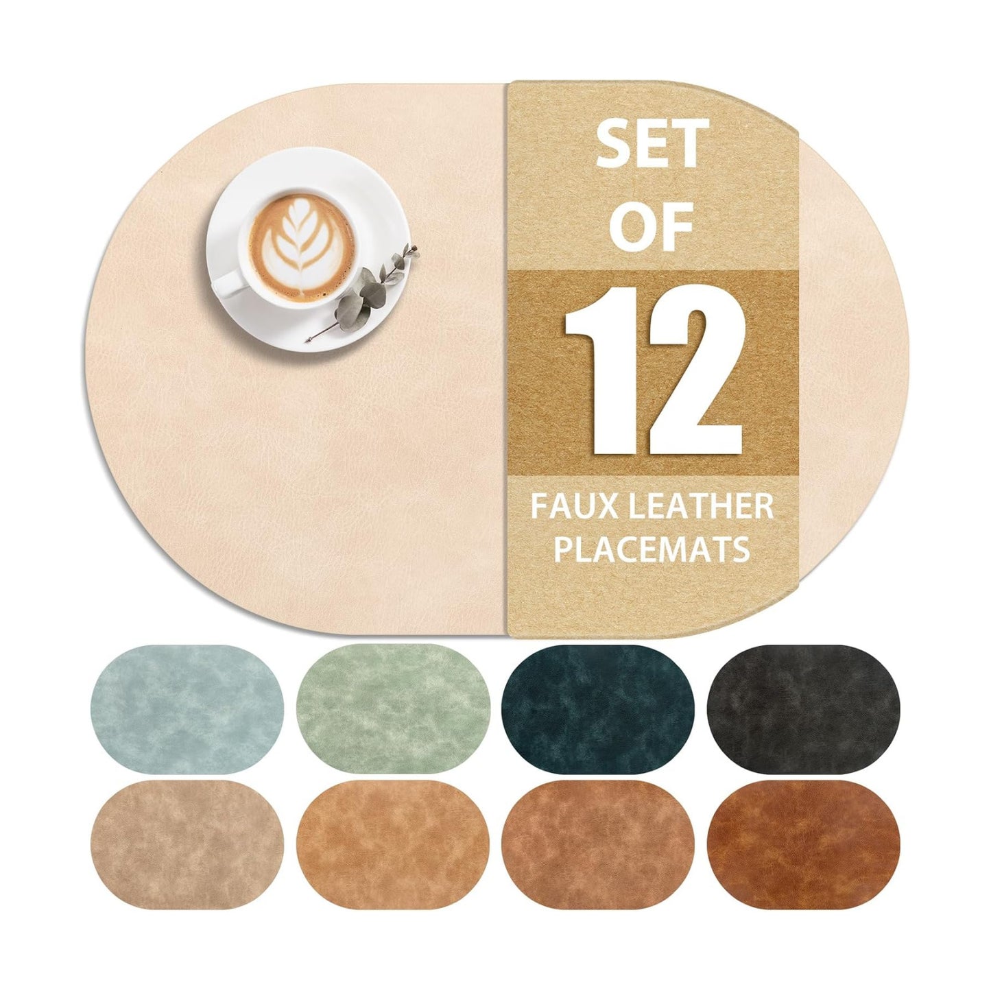 ADRIMER Placemats, Heat Resistant Oval Placemats Set of 12 Washable 12 x 17 Inch, Waterproof Table Mats, Wipeable Pu