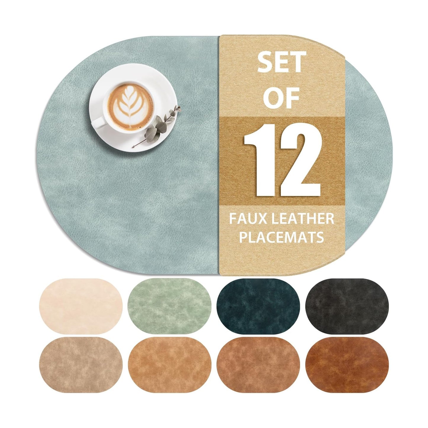 ADRIMER Placemats, Heat Resistant Oval Placemats Set of 12 Washable 12 x 17 Inch, Waterproof Table Mats, Wipeable Pu