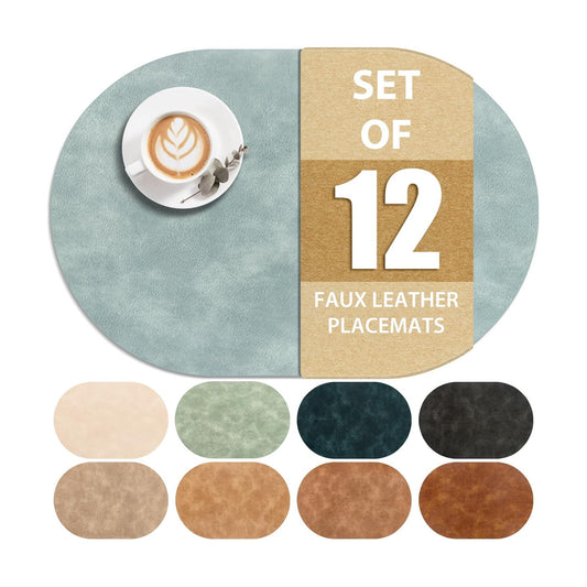 ADRIMER Placemats, Heat Resistant Oval Placemats Set of 12 Washable 12 x 17 Inch, Waterproof Table Mats, Wipeable Pu