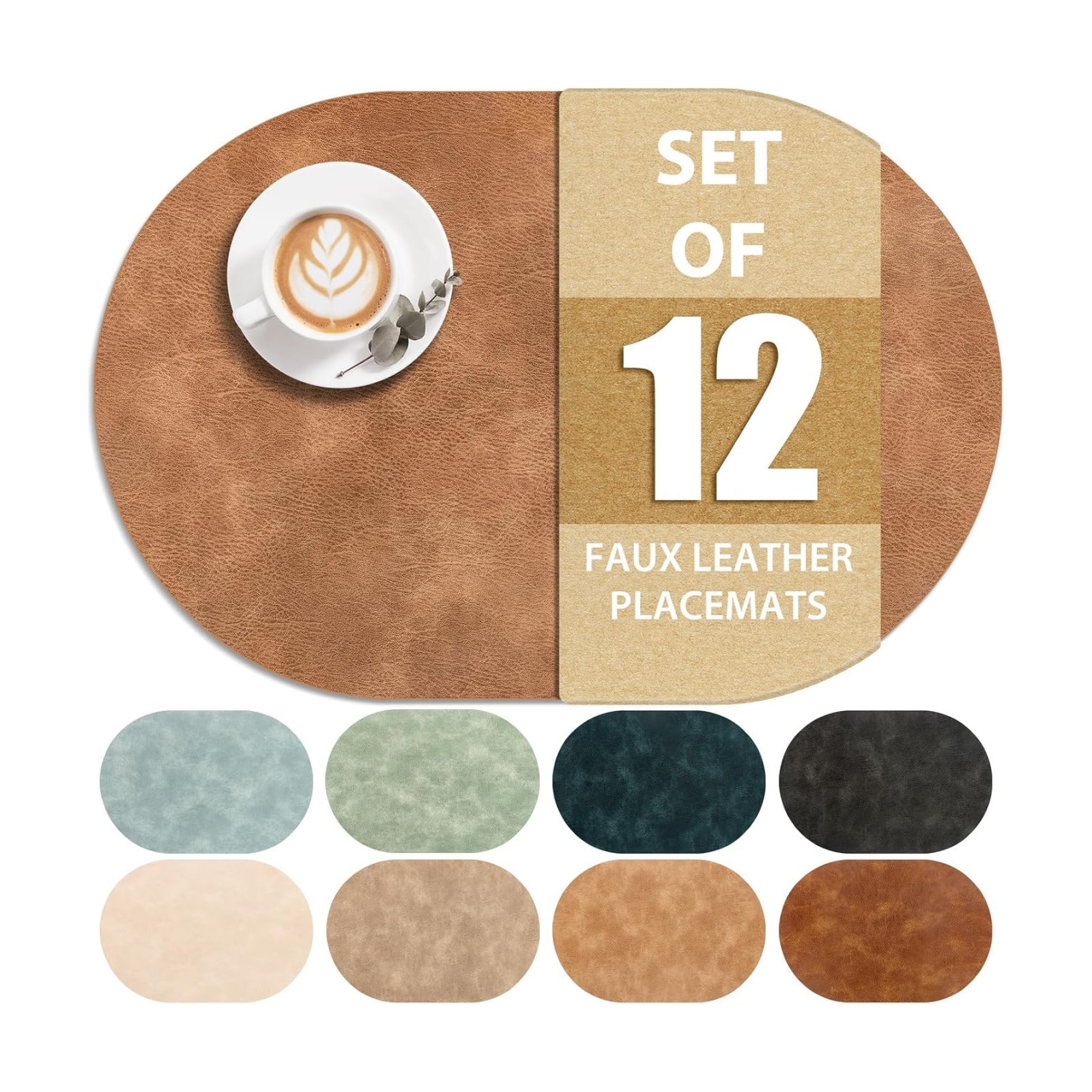 ADRIMER Placemats, Heat Resistant Oval Placemats Set of 12 Washable 12 x 17 Inch, Waterproof Table Mats, Wipeable Pu
