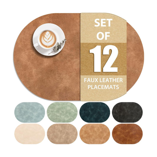 ADRIMER Placemats, Heat Resistant Oval Placemats Set of 12 Washable 12 x 17 Inch, Waterproof Table Mats, Wipeable Pu