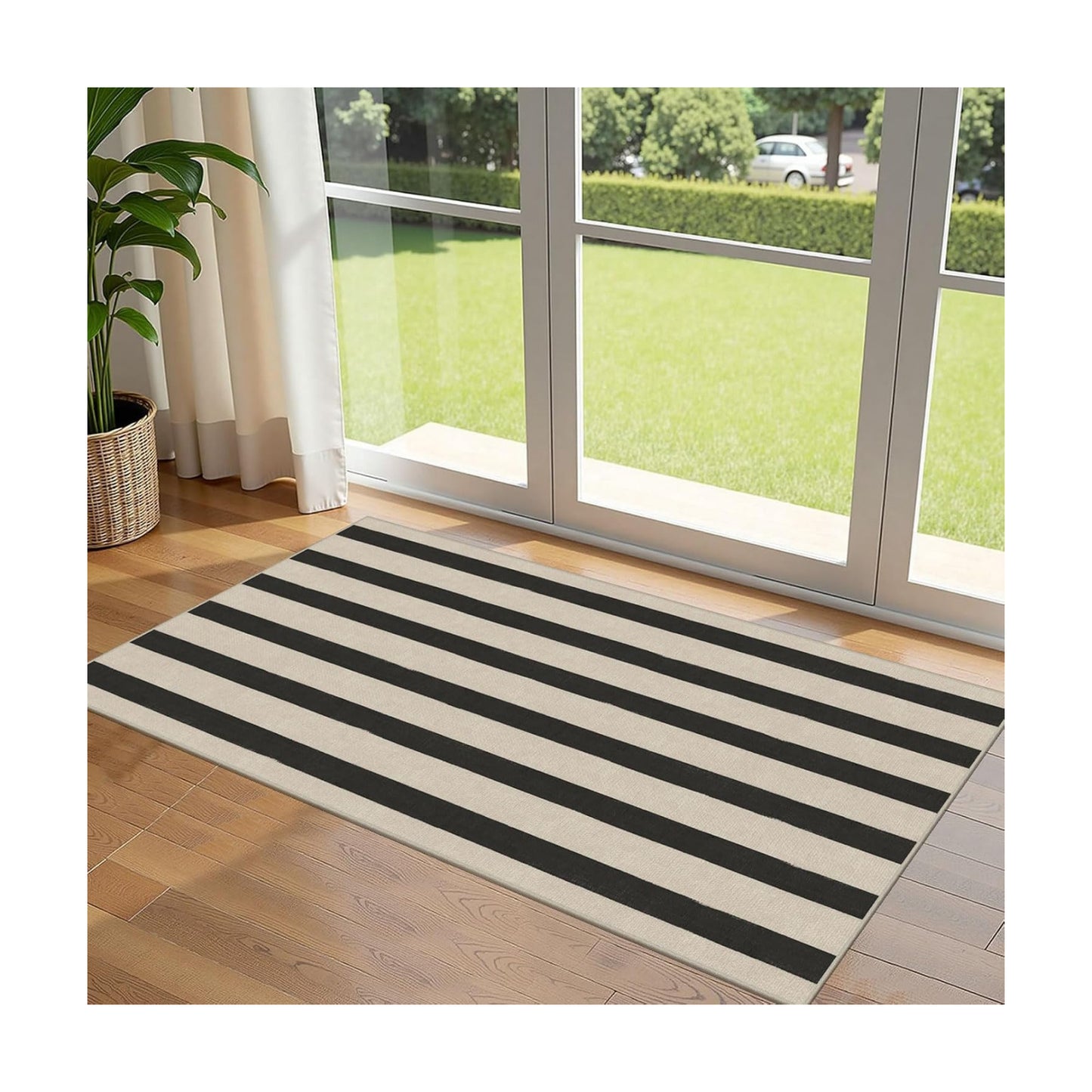 Front Door Mat Indoor Entrance - 2x4.3 Ft Black White Striped Rug