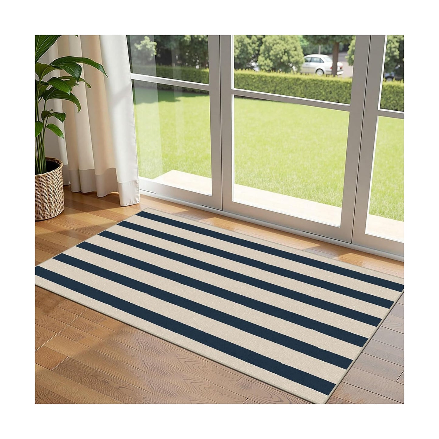 Front Door Mat Indoor Entrance, 2x4.3 Ft Blue and White Striped Rug