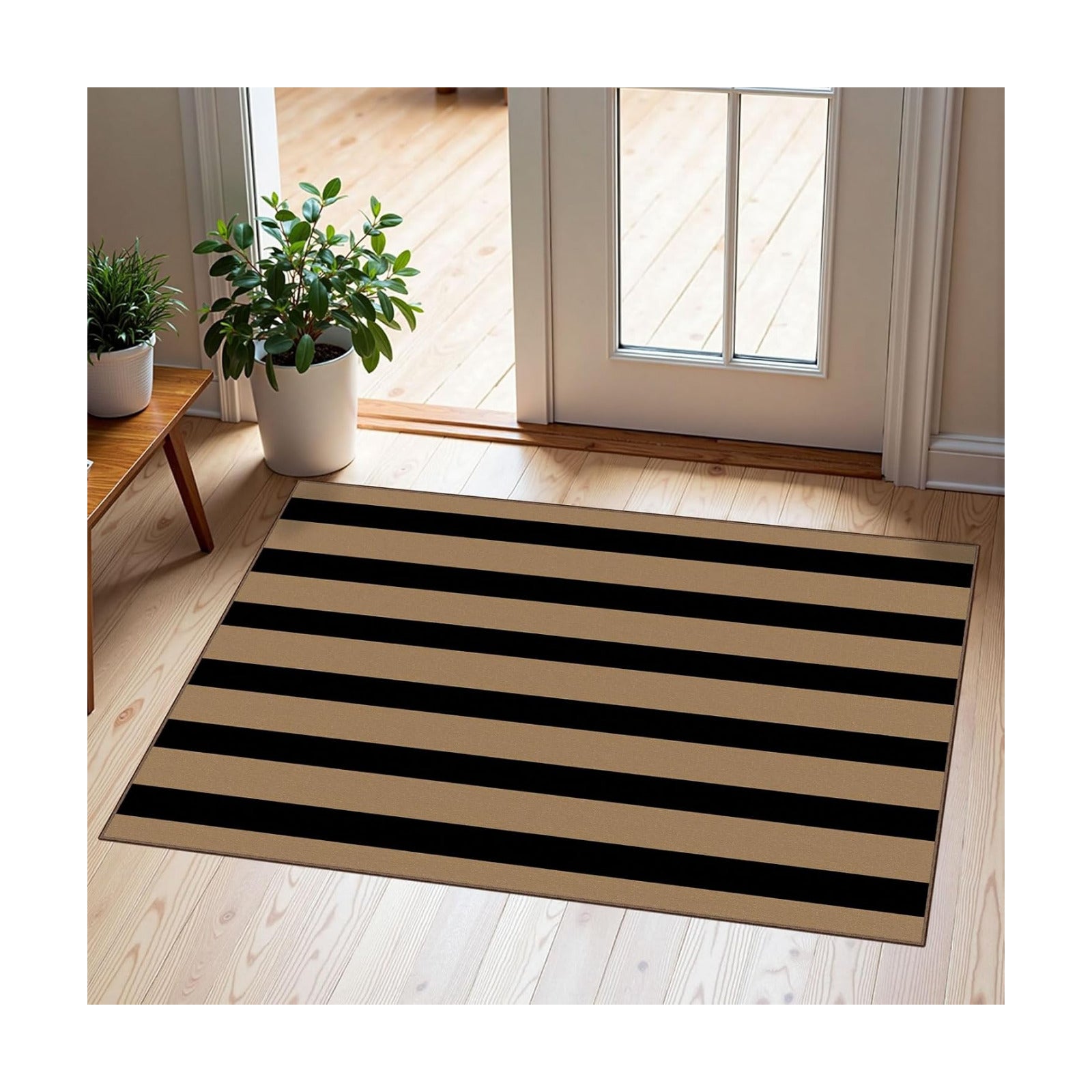 Front Door Mat Indoor Outside Entrance 2x3 Black Tan Striped Rug