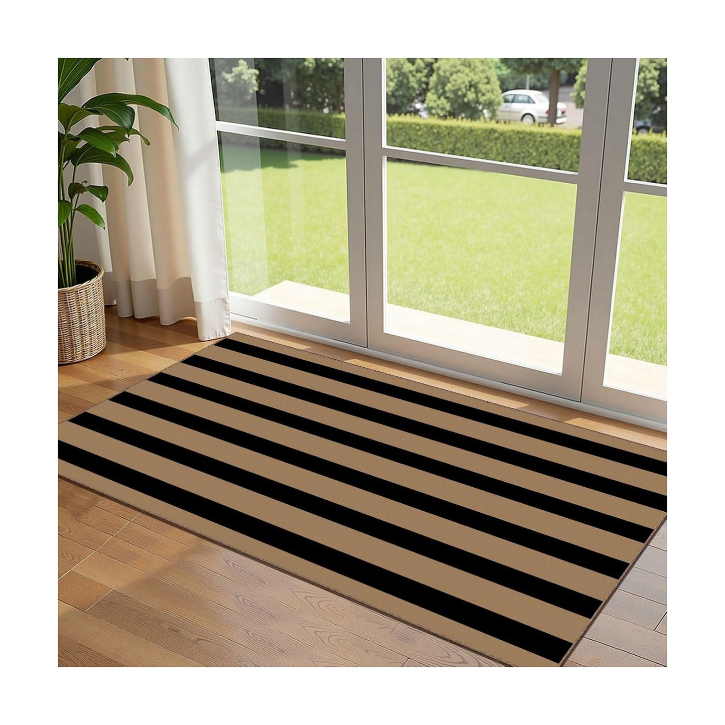 Front Door Mat Indoor Entrance - 2x4.3 Ft Black Tan Striped Rug