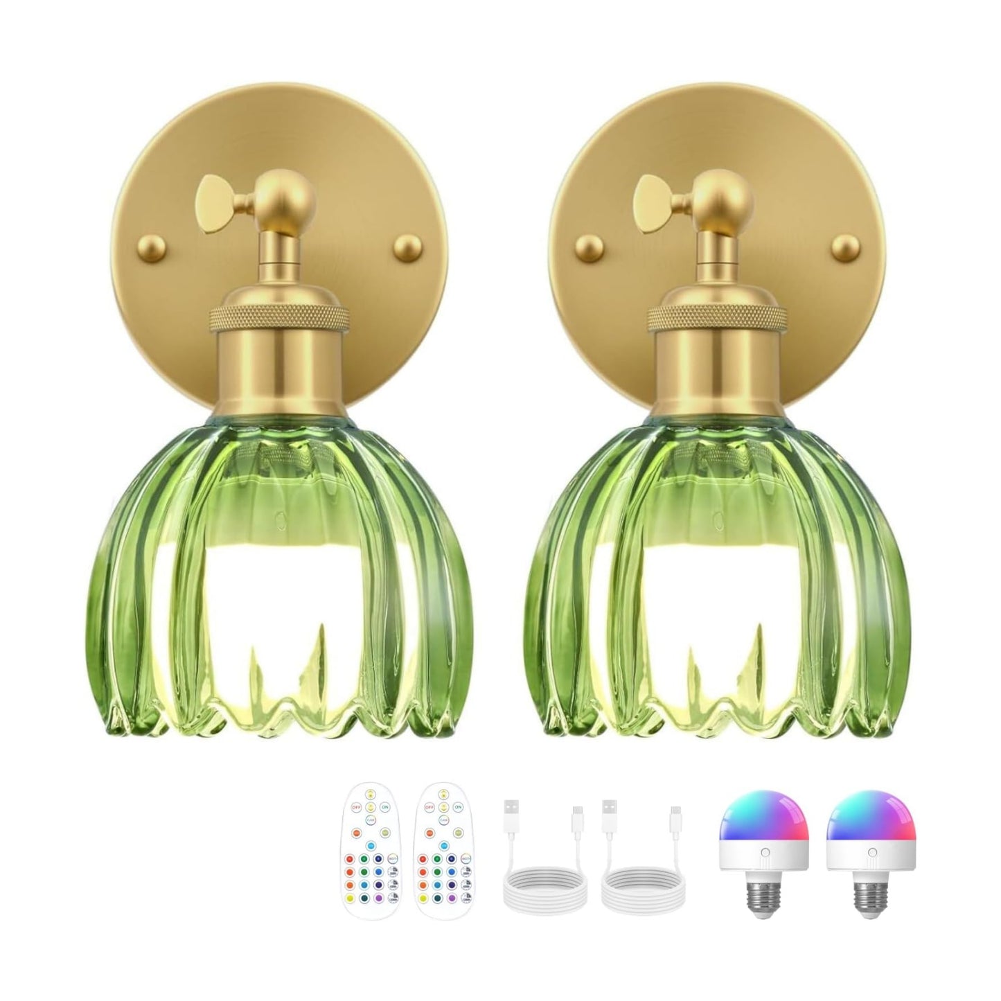Vintage Battery Operated Wall Sconce, Green Tulip Glass Lampshade Wireless Rechargeable Battery Powered LED Wall Light