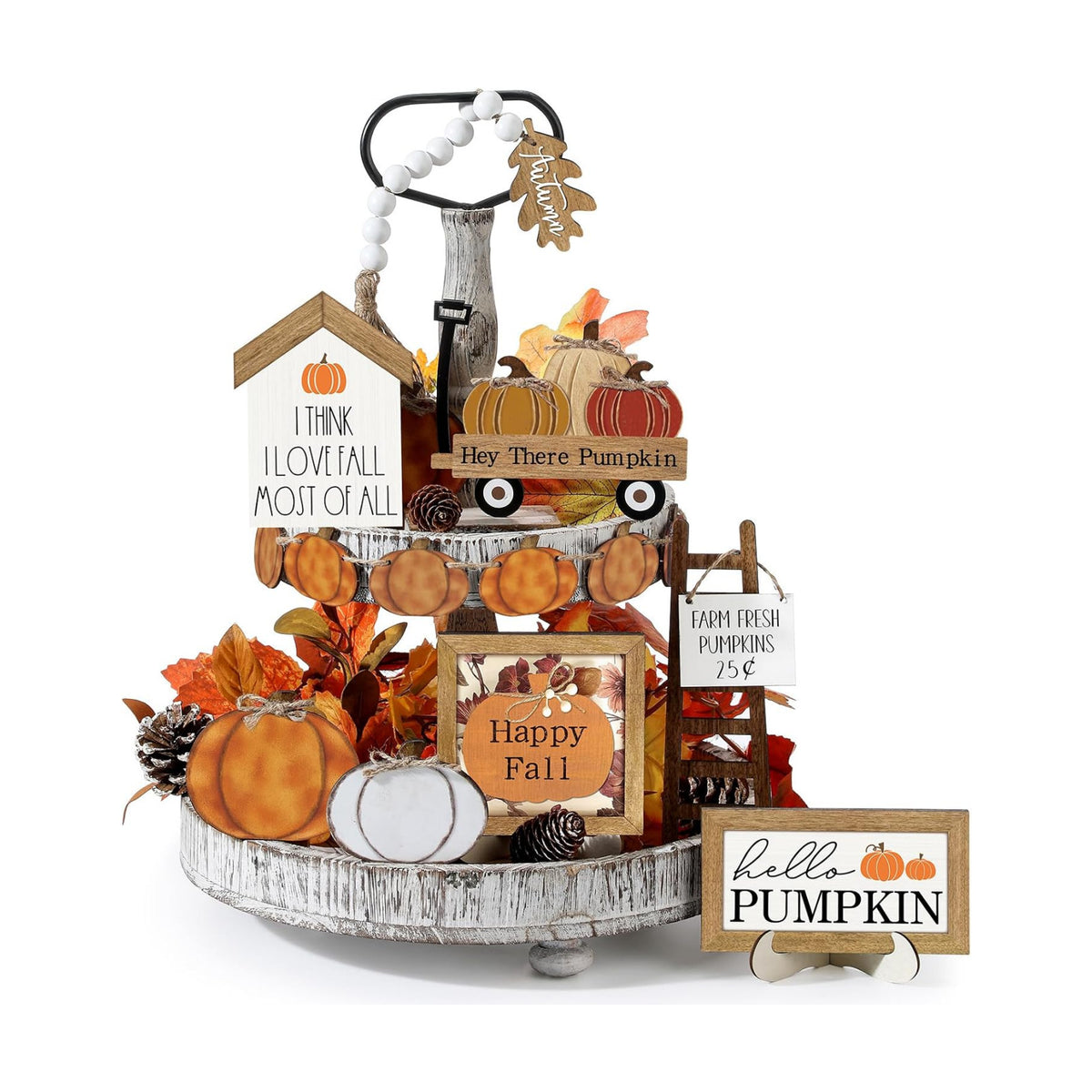 Reallnaive 18 Pcs Fall Thanksgiving Tiered Tray Decor Set Pumpkin Wood Sign Hello Fall Rustic Farmhouse Tray Decoration Tabletop Sign for Autumn Home Kitchen Festival(Classic Pumpkin)