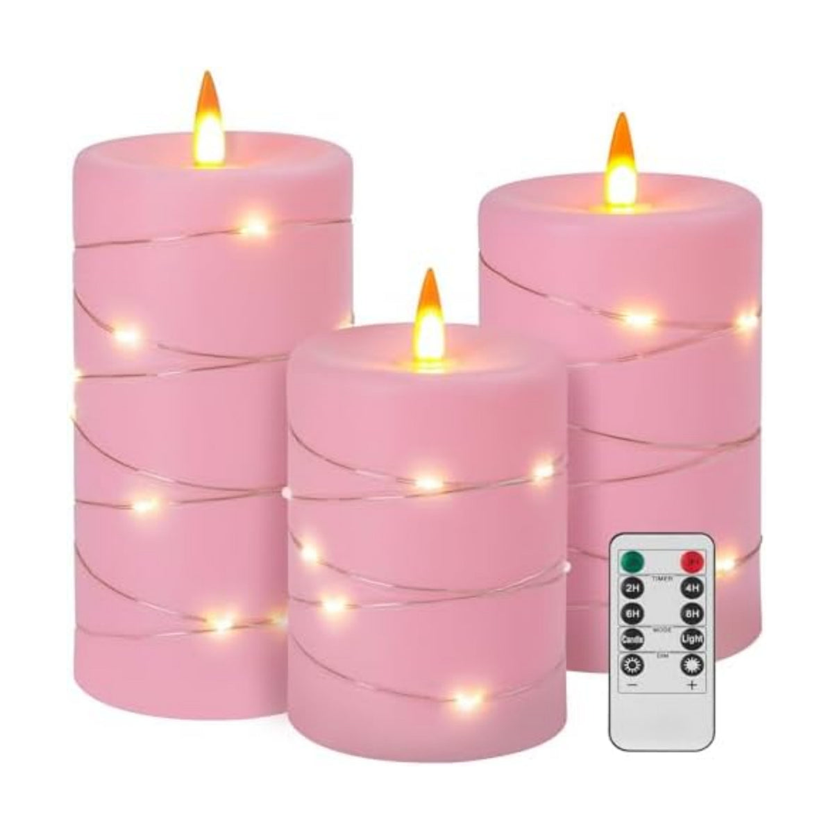 Rose Pink Flameless Candles with String Lights Battery Operated Flickering LED Pillar Candles with Remote Control Timer, Set of 3 for Living Room, Table Décor, Christmas Weddings