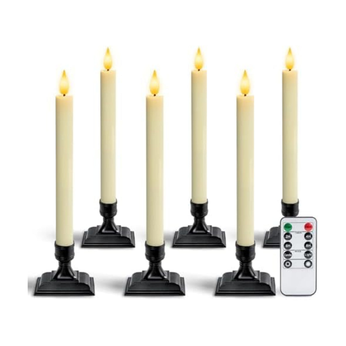 Homemory Real Wax Window Candles with Remote Timer Dimmer, Flameless Taper Candles with Holders, Christmas Candle for Window Battery Operated, LED Candlesticks for Home Holiday Decor,6 Pcs Ivory