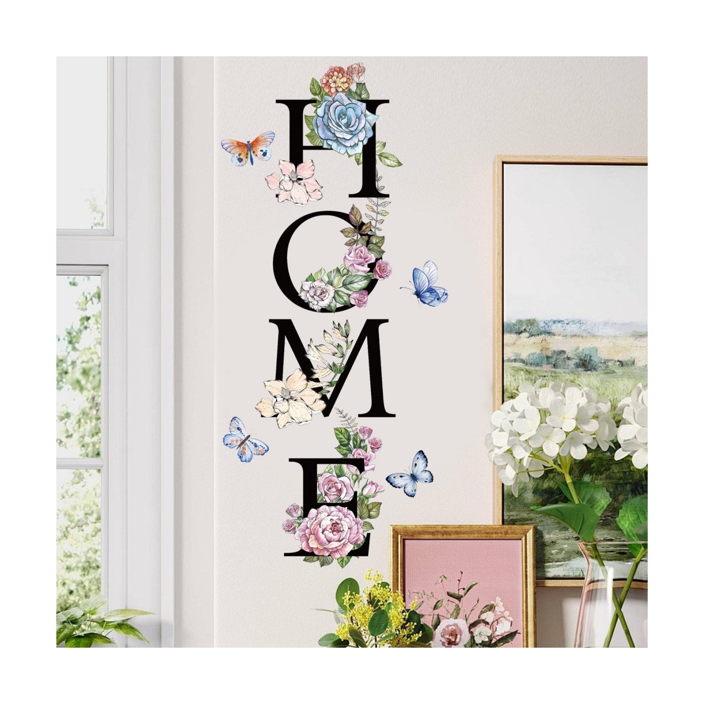 Home Flower Wall Sticker Colorful Floral Butterfly Wall Decal Peel and Stick Word Quotes / Black