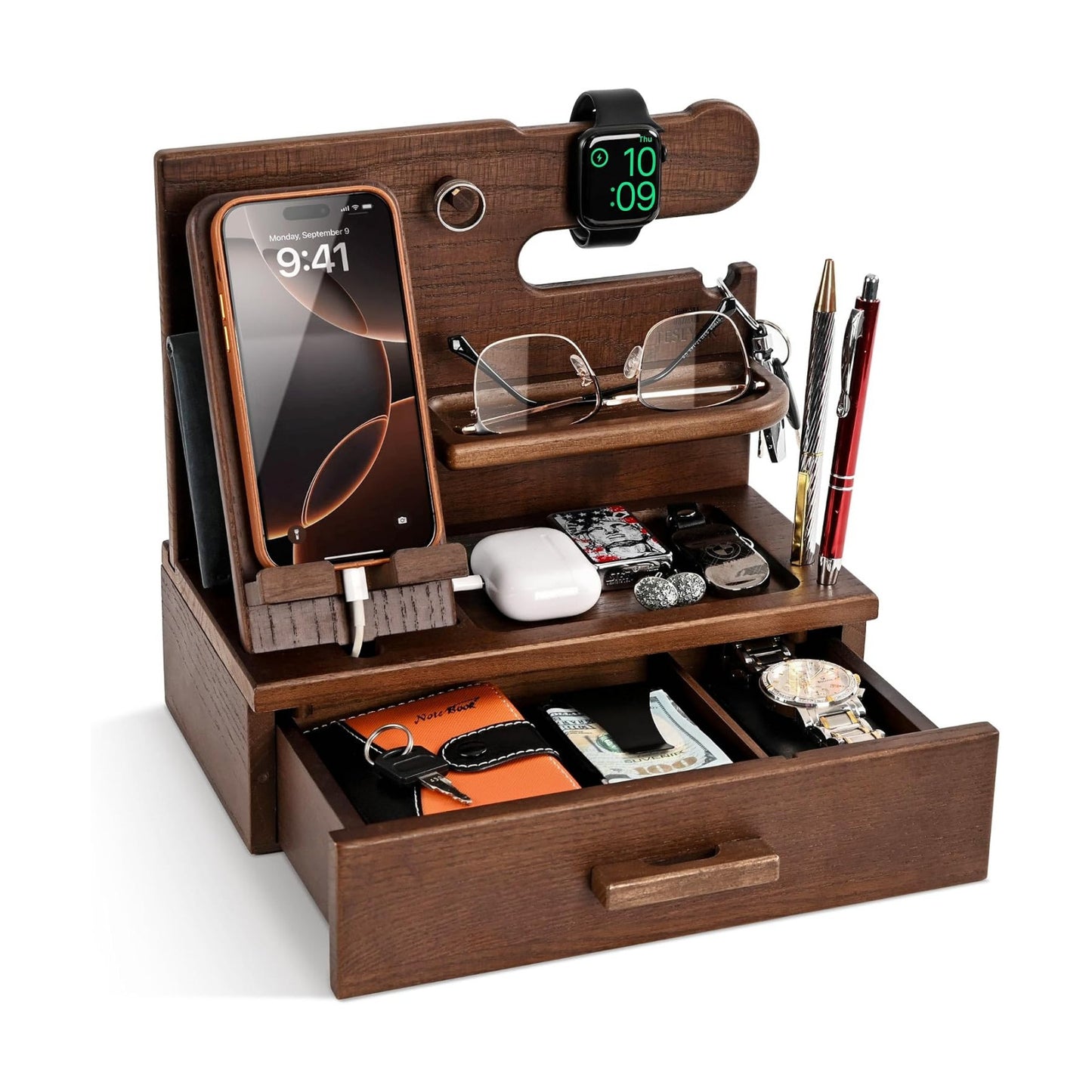 TESLYAR Wood Phone Docking Station with Drawer - Nightstand Organizer - Desk Organizer for Husband - Birthday Gifts for