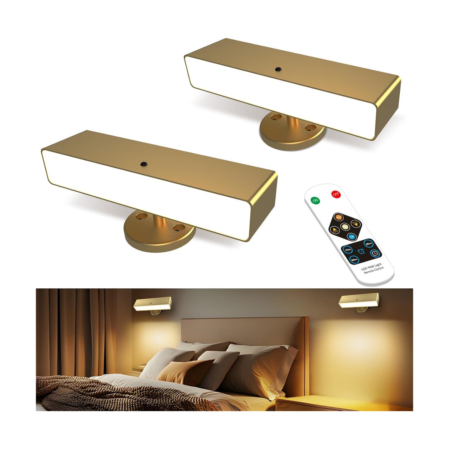 Battery Operated Wall Sconce Set of 2, Gold Rechargeable | Type-C 5V 1A charging, 360° rotation, 3000K/4000K/6000K