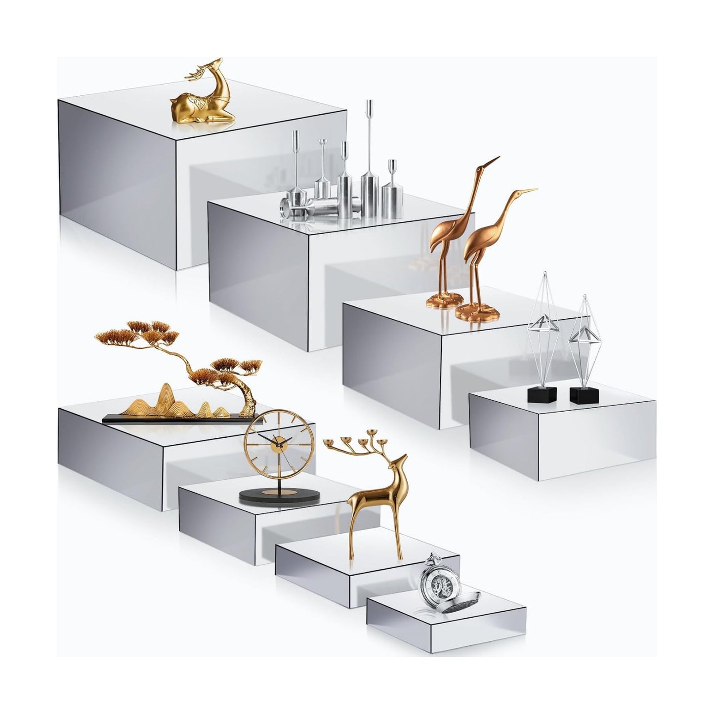 8 Pack Acrylic Buffet Display Risers for Food Jewelry,Silver,Flat | 3-10 Inch Cube Boxes with Hollow Bottoms, Clear