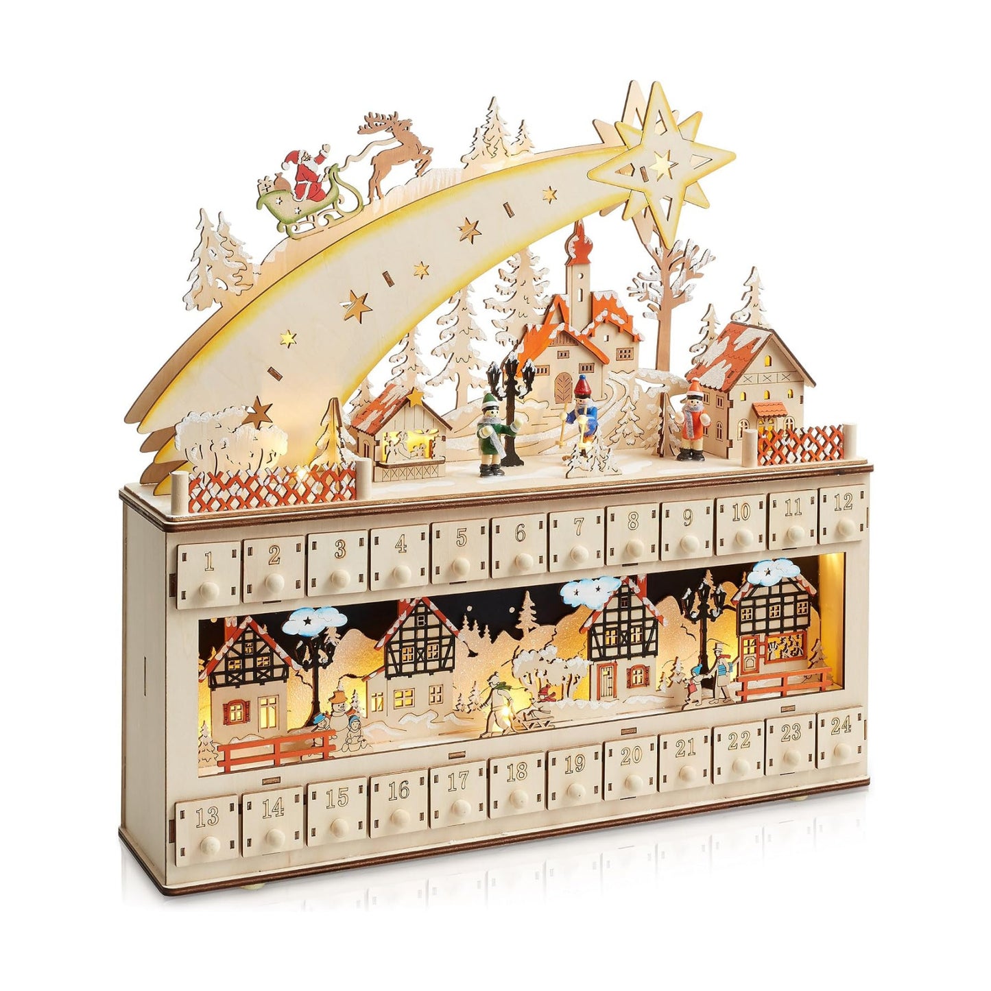 Casafield Wooden Christmas Advent Calendar, Pre-Lit with Drawers Holiday Decoration with Shooting Star and LED Light-Up