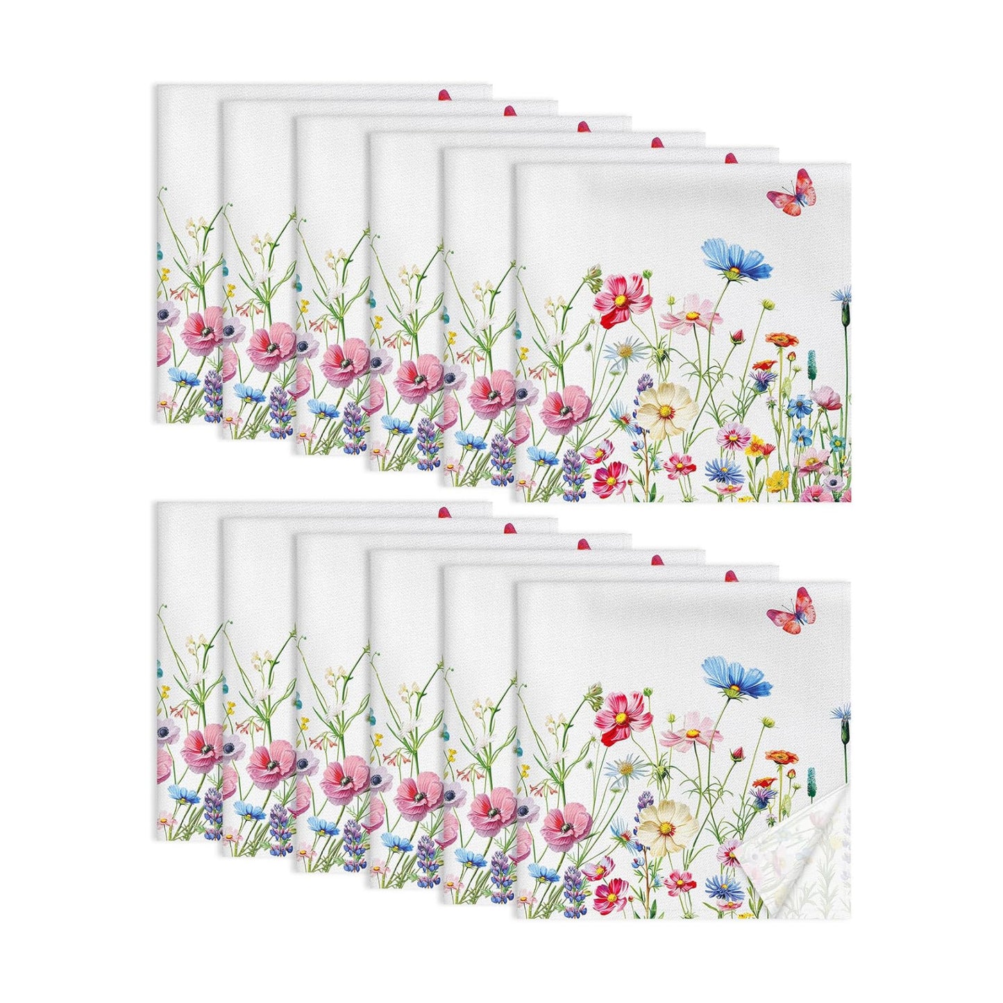 Wildflower Butterfly Cotton Cloth Napkins, 18×18 in, Set of 12 | Washable Cotton Dinner Napkins with Wildflower