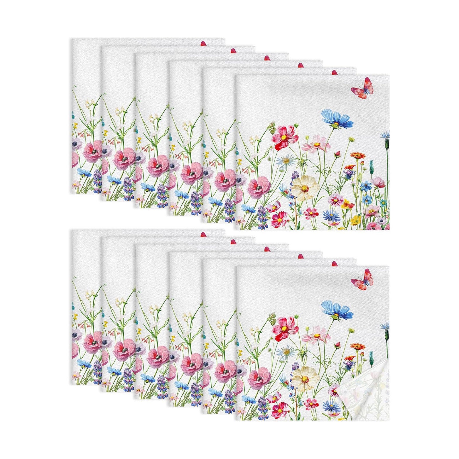 Wildflower Butterfly Cotton Cloth Napkins, 18×18 in, Set of 12 | Washable Cotton Dinner Napkins with Wildflower