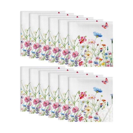 Wildflower Butterfly Cotton Cloth Napkins, 18×18 in, Set of 12 | Washable Cotton Dinner Napkins with Wildflower