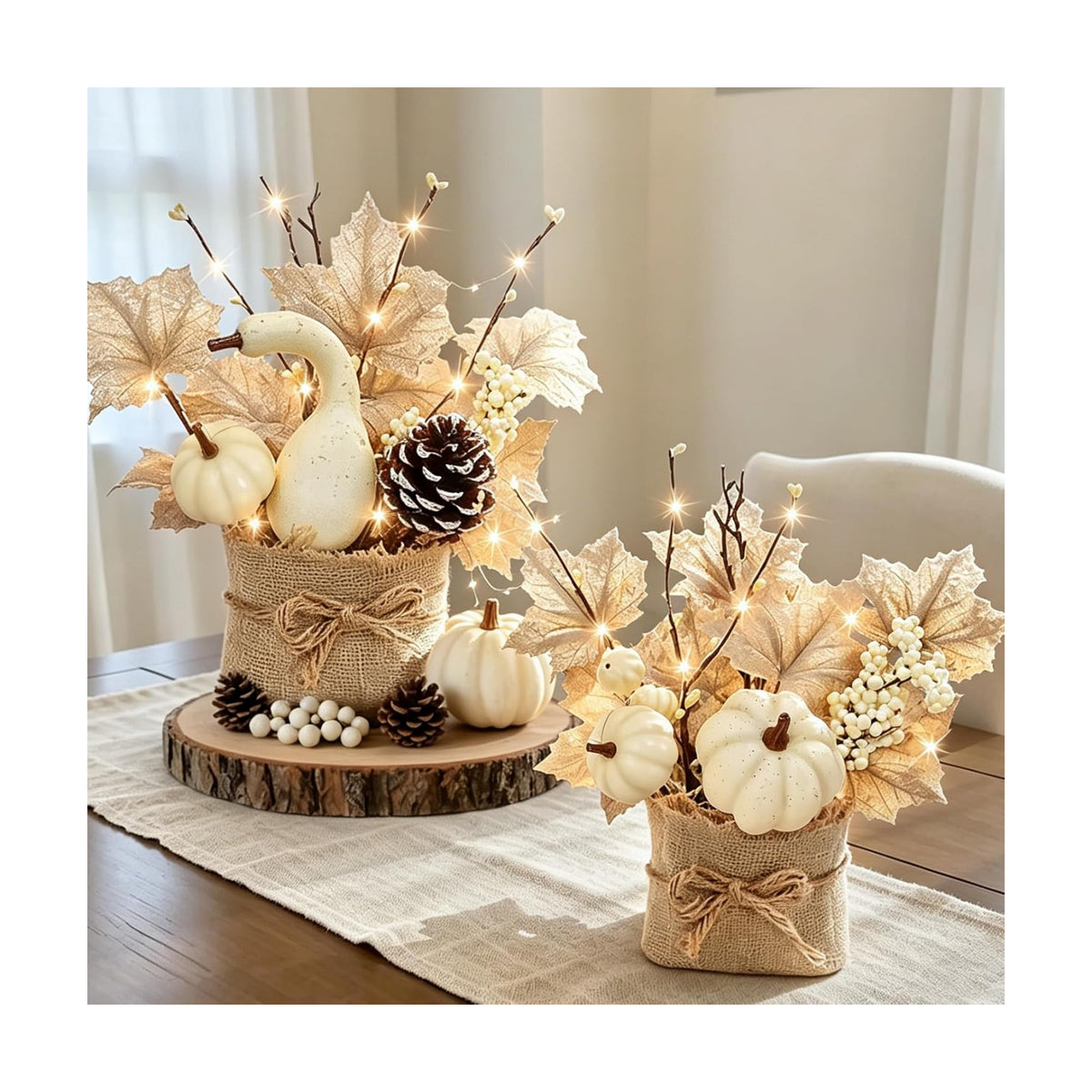 [Light & Timer] Fall Decor 2 Pack Fall Table Centerpieces with 20 LED Tabletop Maple Tree Pumpkin Pinecone Berry Branch Arrangement, Fall Decorations for Home Kitchen Halloween Thanksgiving